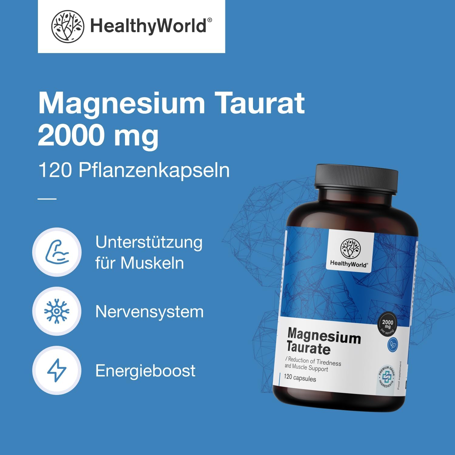 Thumbnail 1 de HealthyWorld Magnesium Taurat 2000 mg – Pflanzliche Kapseln, 120 Stück