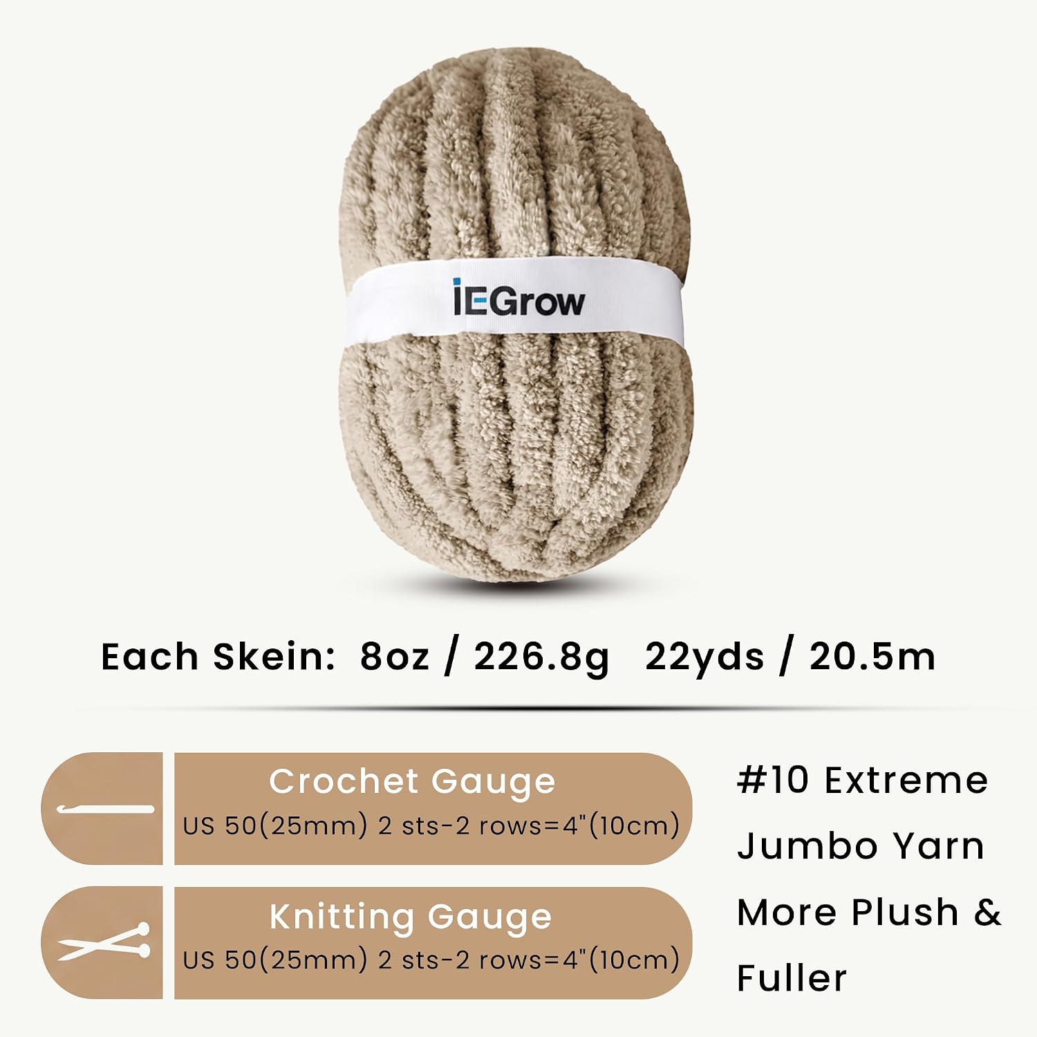 Detalle de iEGrow #10 Chunky Chenille Yarn, 8 Skeins, Khaki, 1-Inch Thick