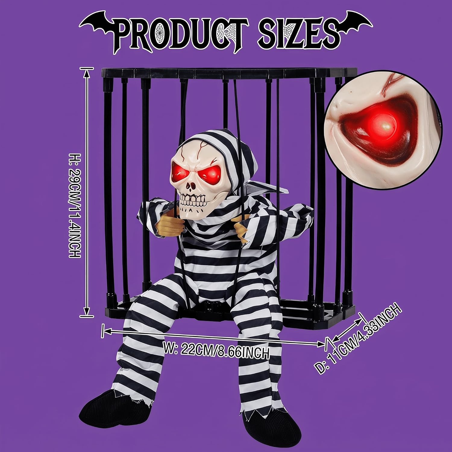 Detalle de Kendane CA-100 Caged Skeleton Halloween Decoration with Motion-Activated Red Eyes