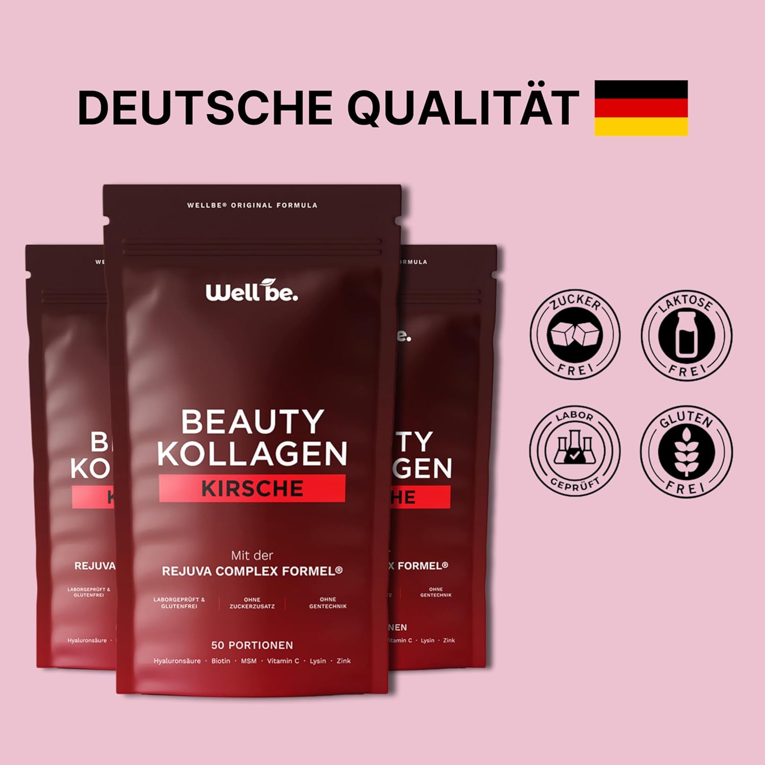 Thumbnail 3 de Wellbe Kollagen Pulver Kirsch – Hochdosierte Kollagen-Peptide mit Hyaluron, Biotin, Zink und Vitamin C (250 g) Made in Germany