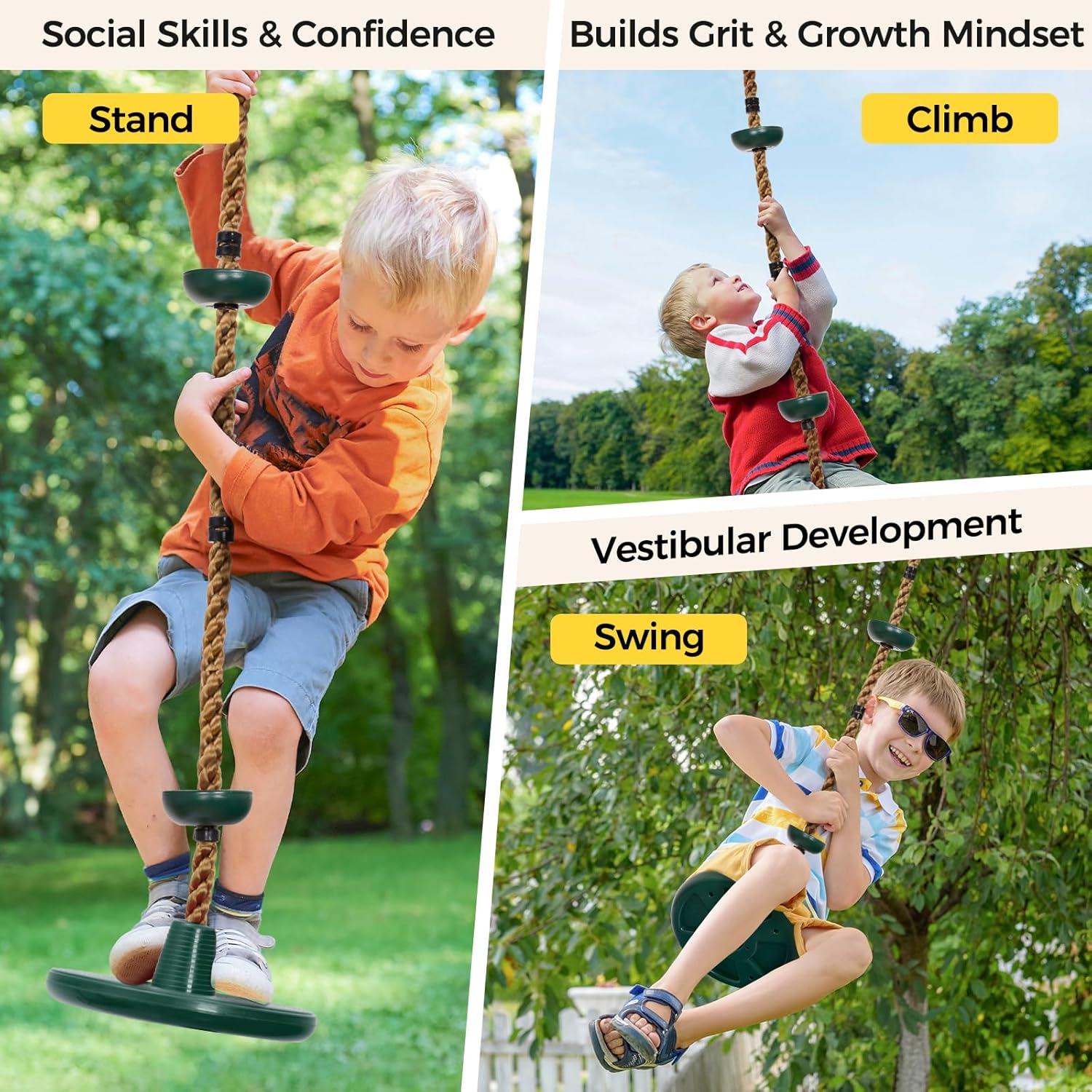 Detalle de DECORLIFE Tree Swing for Kids with Adjustable Rope, Disc Seat & Locking Carabiners (Green)