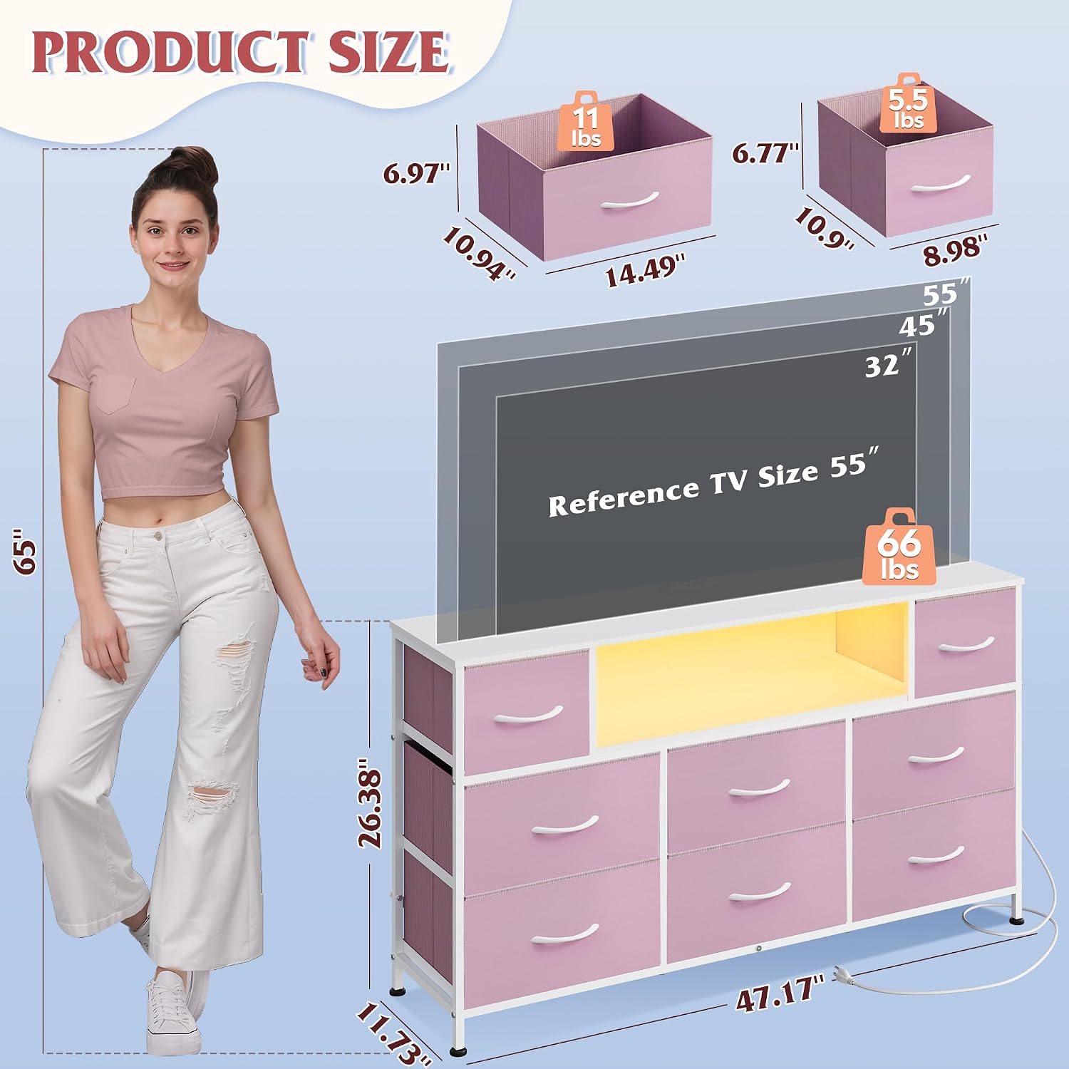 Thumbnail 1 de WLIVE Pink LED Dresser TV Stand for TVs up to 55 Inches, 8 Fabric Drawers