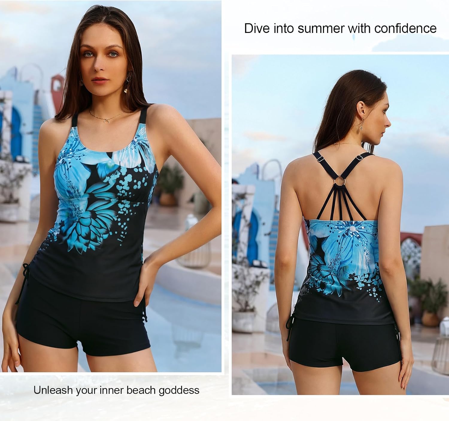 Detalle 2 de JASAMBAC Women's Strappy Tankini Swimsuits – Floral Two-Piece with Adjustable Details