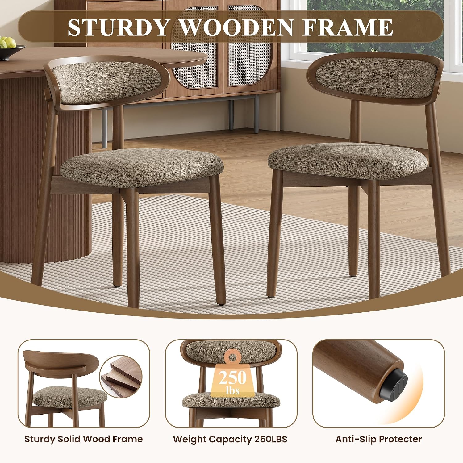 Detalle de MALOL DCW70 Wooden Dining Chairs, Set of 4, Camel Fabric, Curved Back