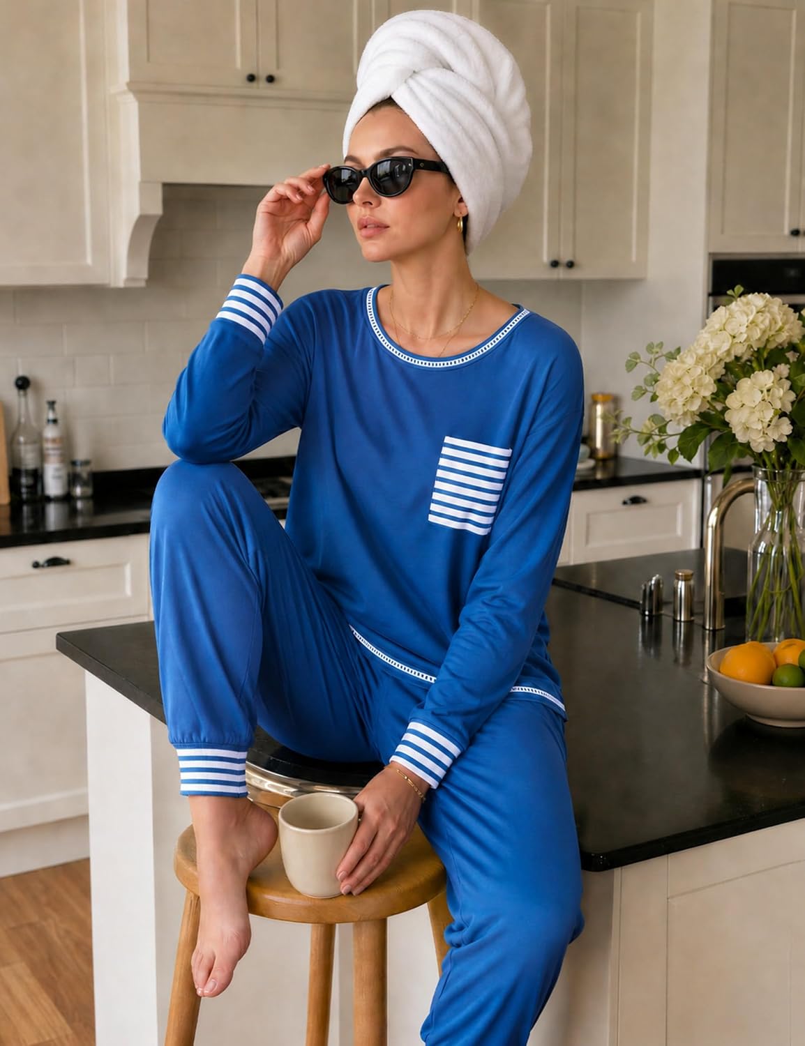 Detalle de SWOMOG Women's Modal Pajama Set with Long-Sleeve Top and Long Pants