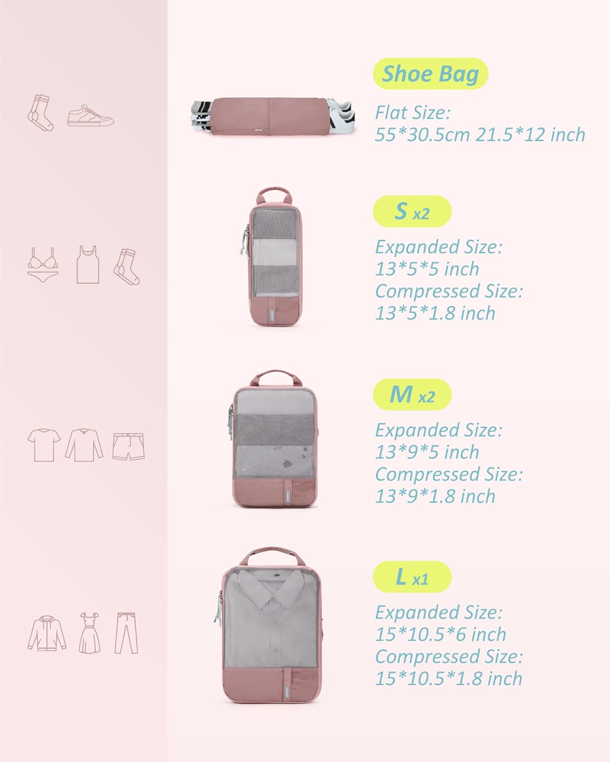 Detalle de BAGSMART Compression Packing Cubes (6-pack) in Dark Pink with Label Pocket
