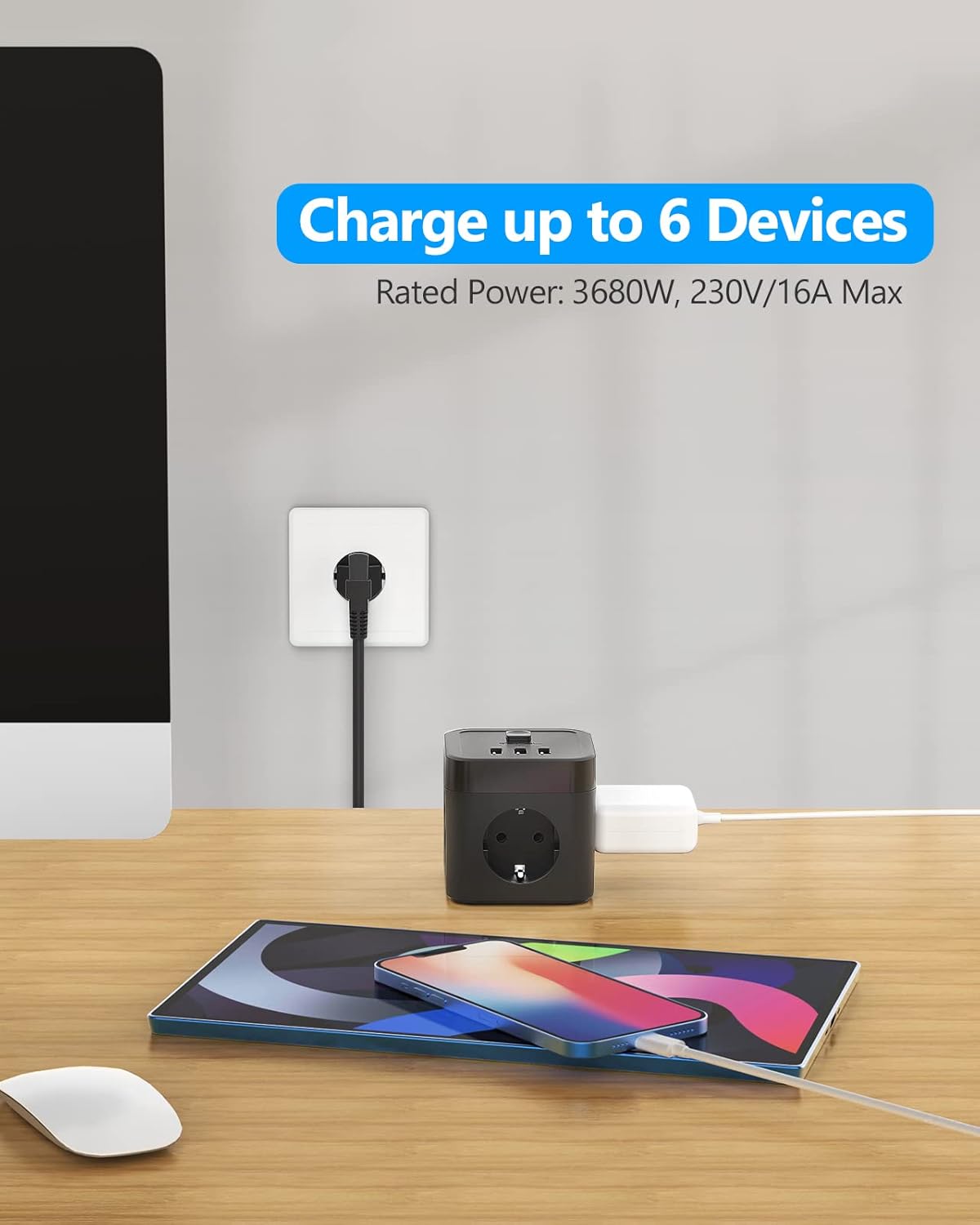 Thumbnail 6 de JSVER Cube Multiprise 3M avec USB – 3 prises CA et 3 ports USB, câble 3 m, noir
