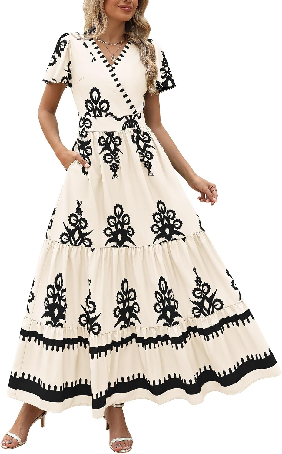 Detalle de PRETTYGARDEN Women's 2026 Summer Casual V-Neck Boho Maxi Dress with Pockets