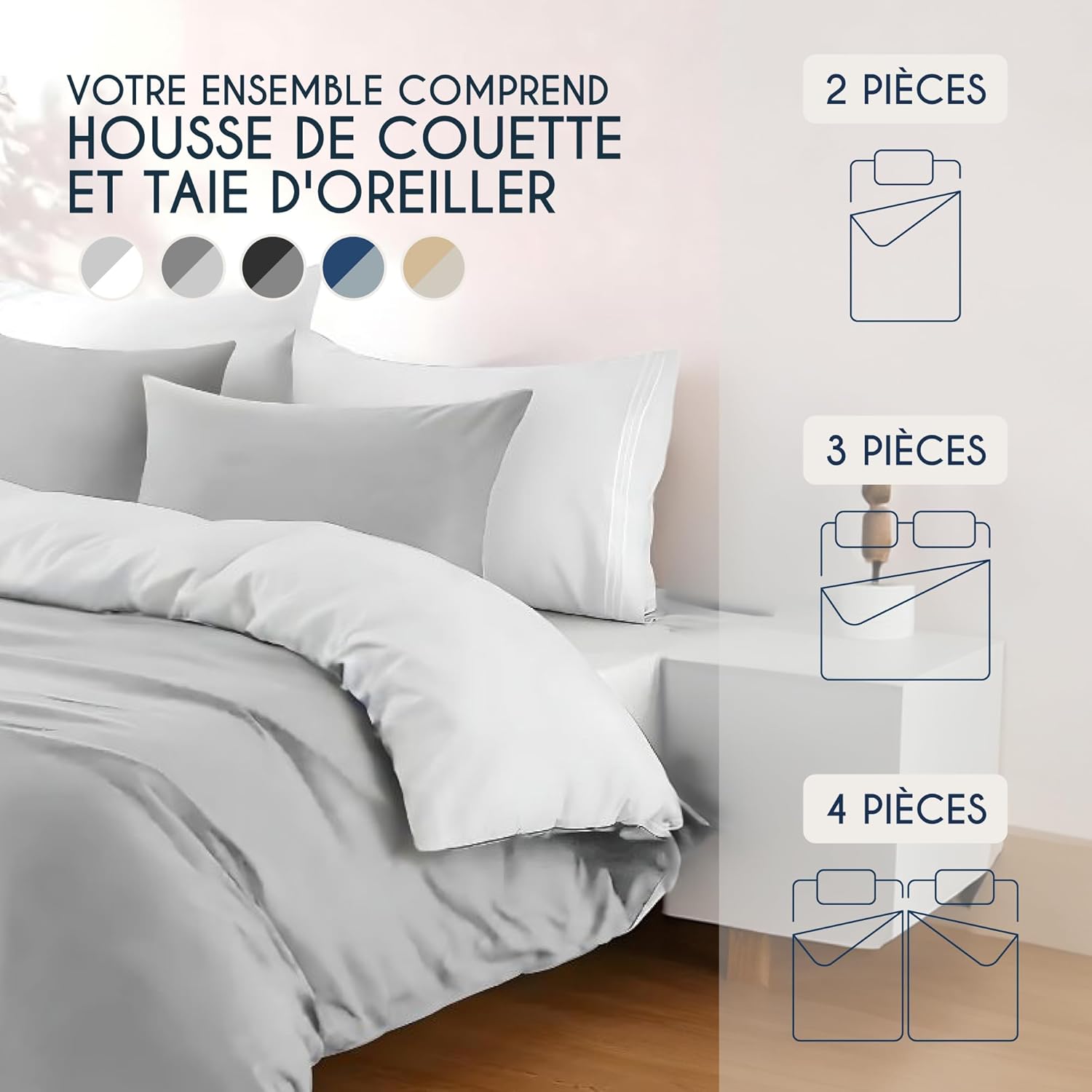 Thumbnail 5 de Dreamzie Parure de lit 200x200 en microfibre : housse de couette 200x200 et 2 taies 65x65 gris clair/blanc