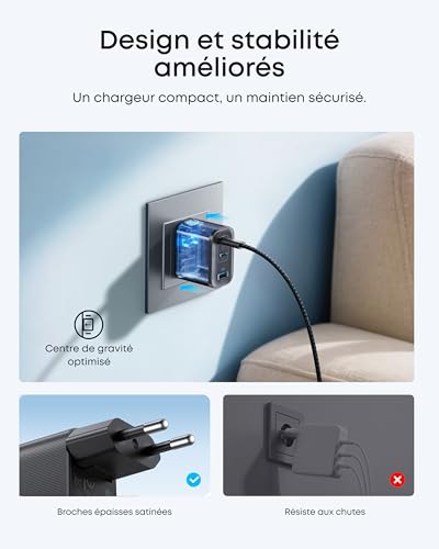 Detalle 2 de Anker Nano Chargeur USB-C 70W à 3 Ports — Charge rapide et compact avec câble inclus