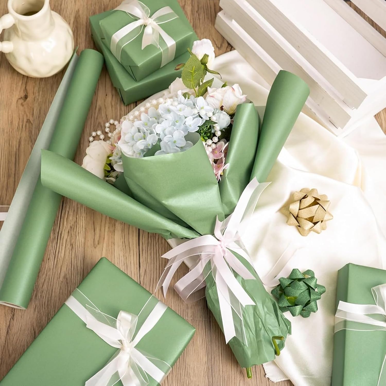 Thumbnail 5 de Wikadlik Geschenkpapierrolle Salbeigrün (43 cm x 10 m) mit Perlglanz – einfarbig für Weihnachten, Vatertag & Geburtstage