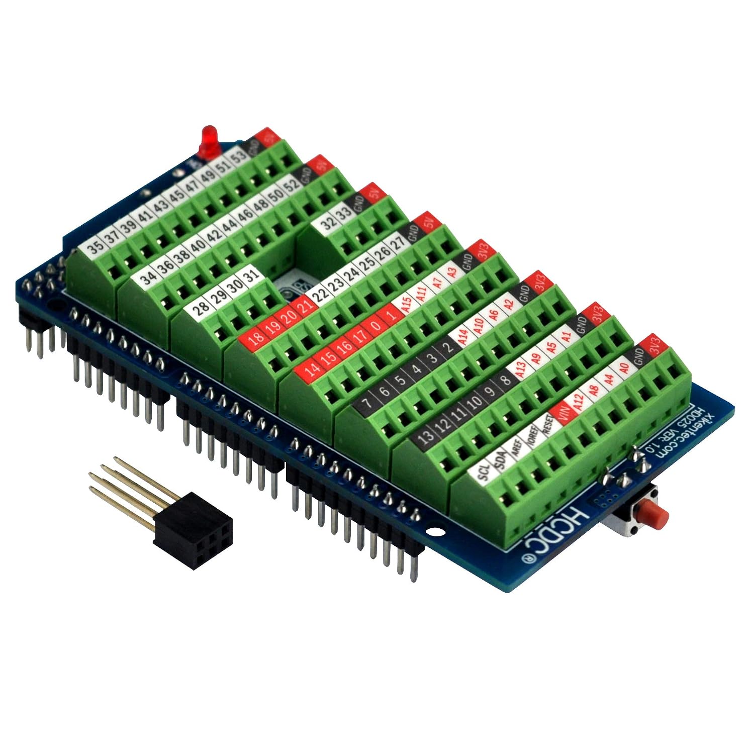 Detalle de HCDC HD025 Arduino MEGA-2560 R3用ねじ端子台ブレークアウトシールド、3.5mmピッチ・電源LED付き