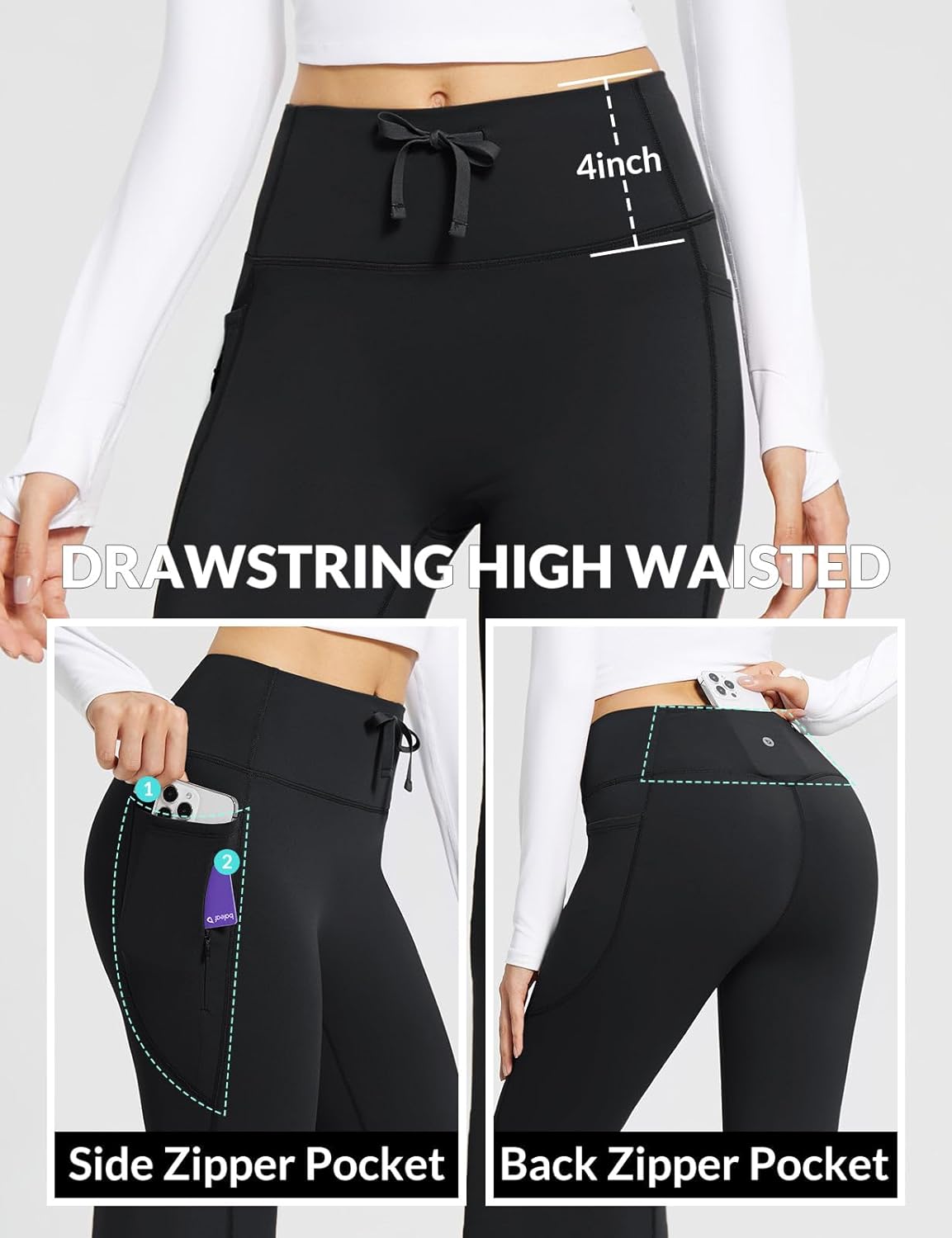 Detalle 2 de baleaf women’s thermal fleece-lined flared yoga leggings with 4 pockets