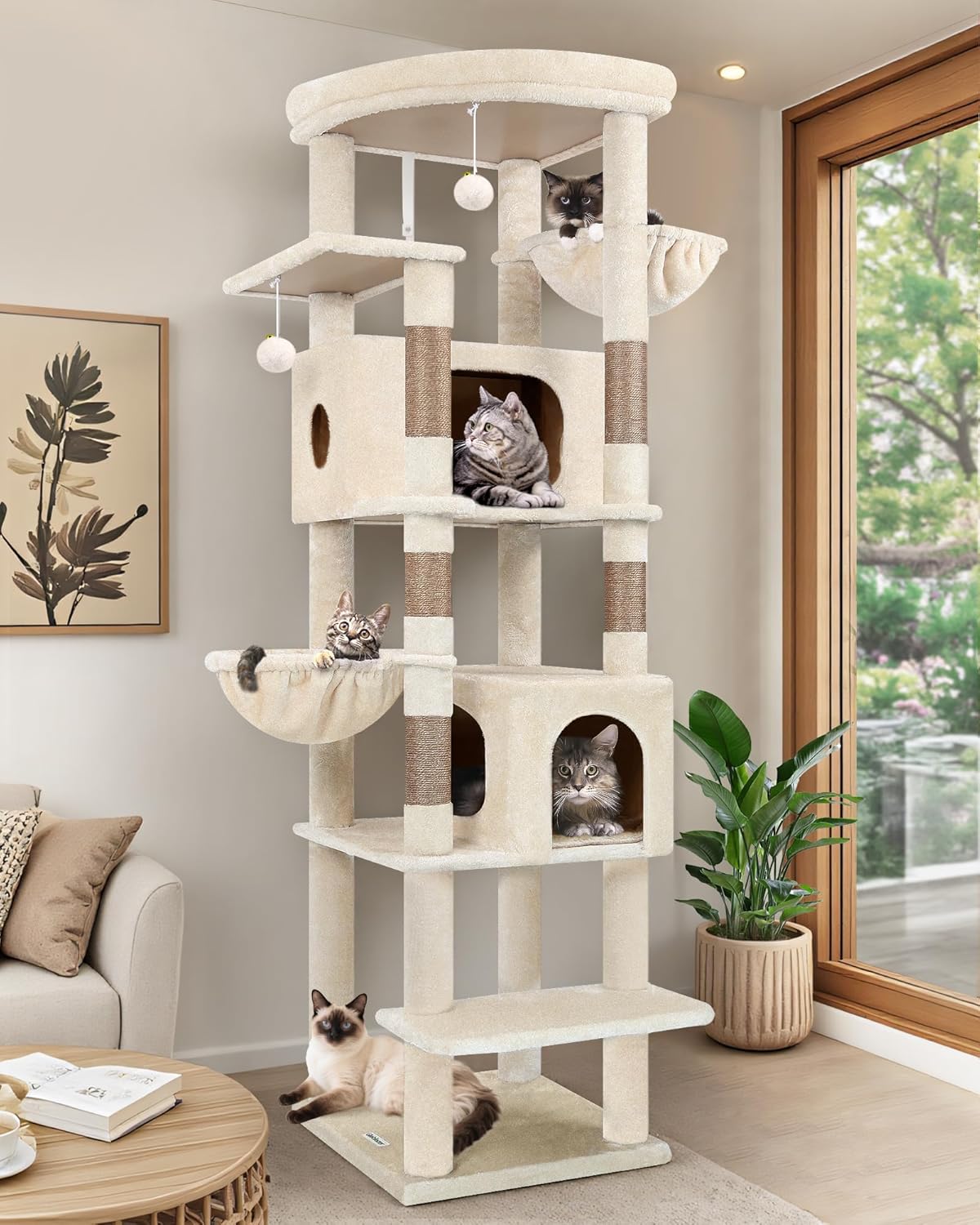 Detalle de Globlazer Kratzbaum Beige XXL mit 2 extragroßen Katzenhäusern – kippsicher, für große Katzen