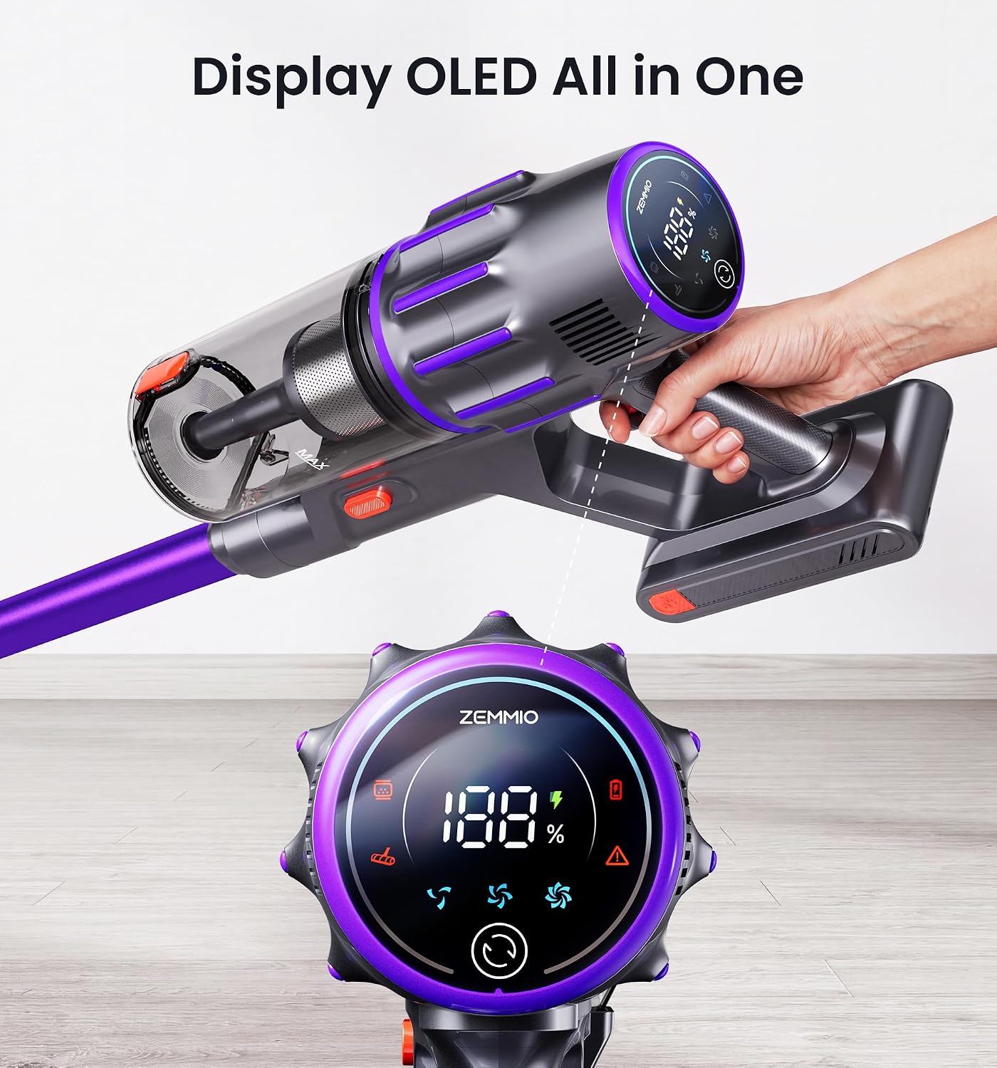 Detalle 2 de Zemmio ZM001 Cordless Stick Vacuum, 55 kPa Suction, 1.8L Cup, OLED Display