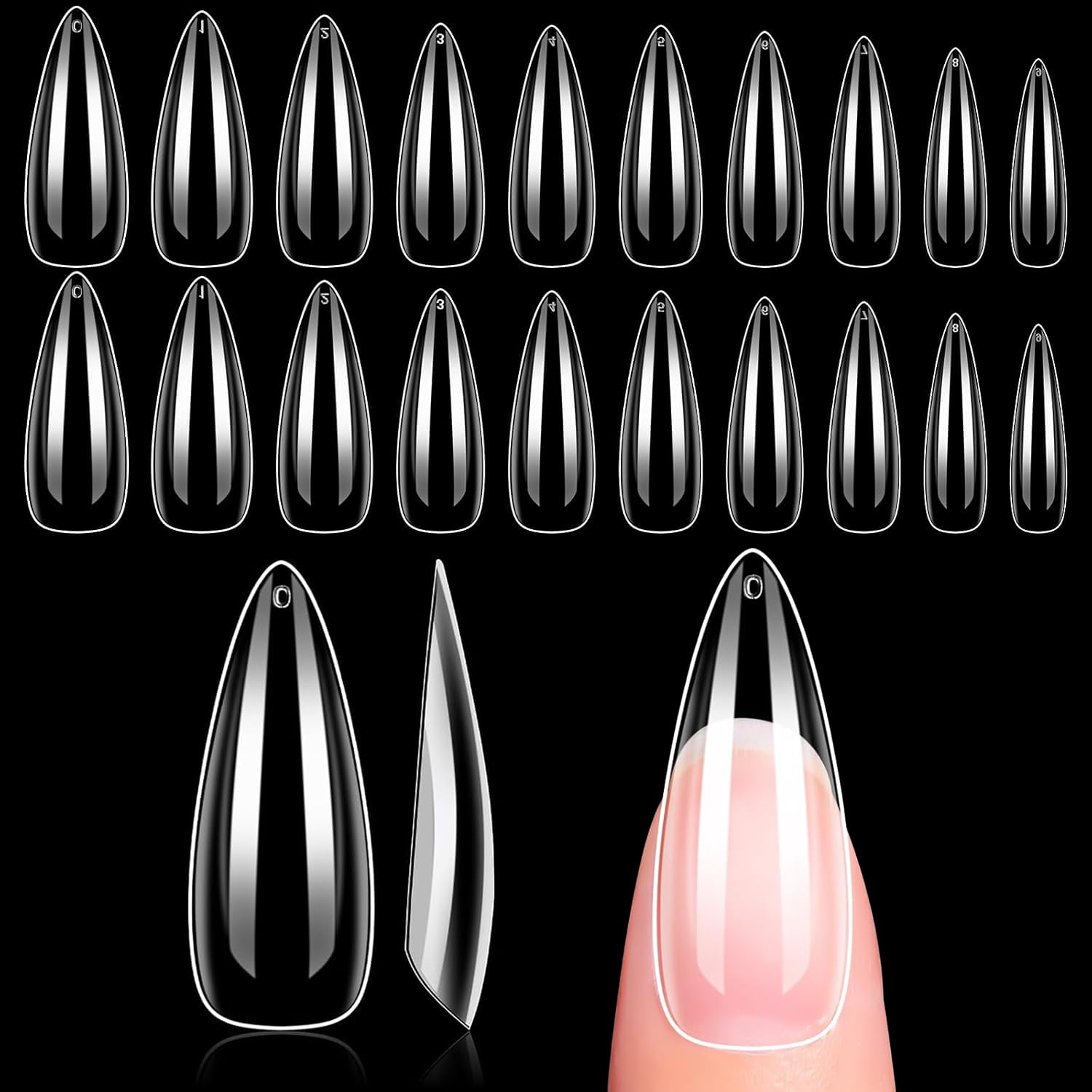 Detalle de Makartt Nail Tips für Gelnägel – 500 Stück Long Stiletto, Full Cover, 10 Größen, Transparent & Bruchsicher