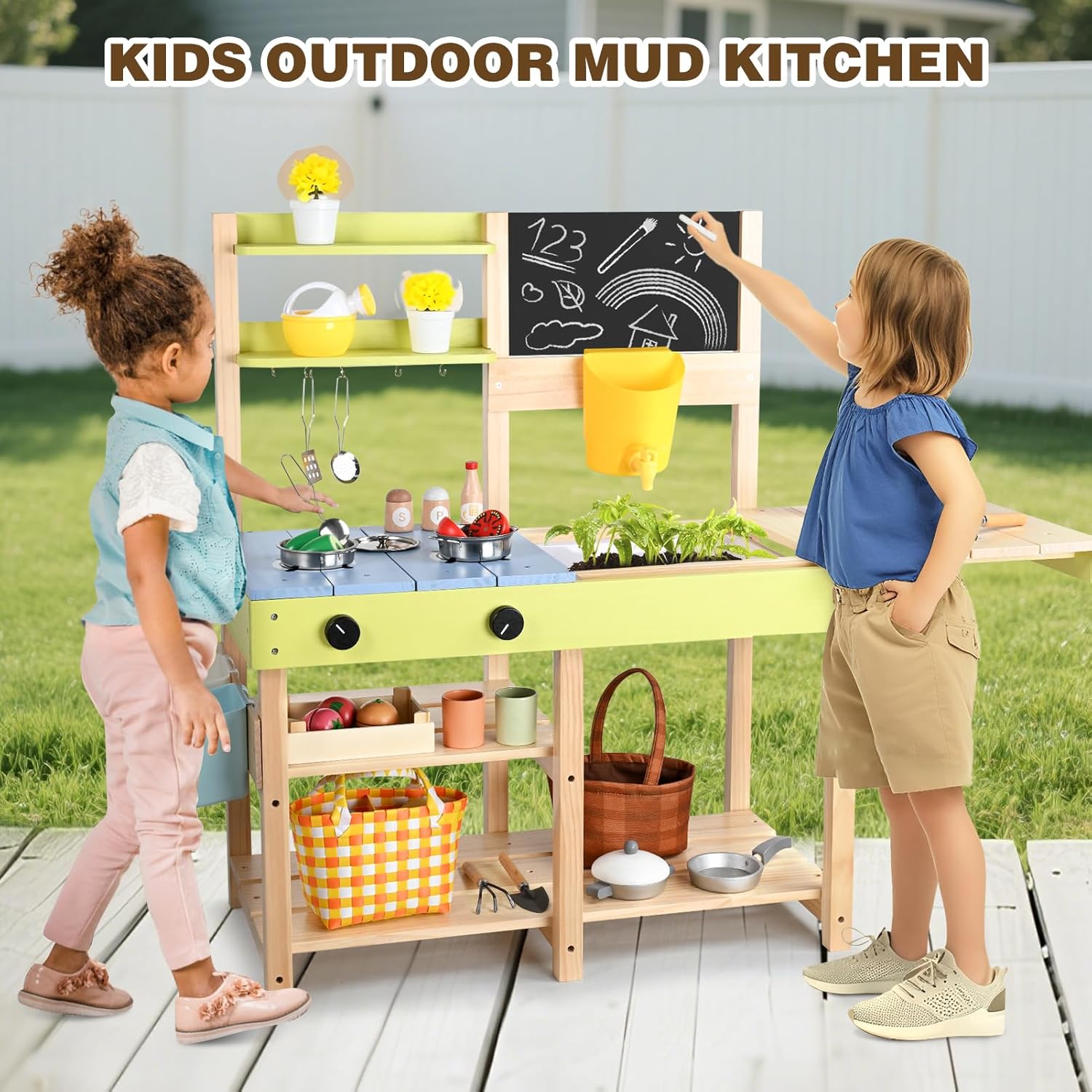 Thumbnail 1 de Dreamon Matschküche Kinder Outdoor – Holz-Spielküchenset mit abnehmbarer Spüle, Kreidetafel und Edelstahl-Zubehör