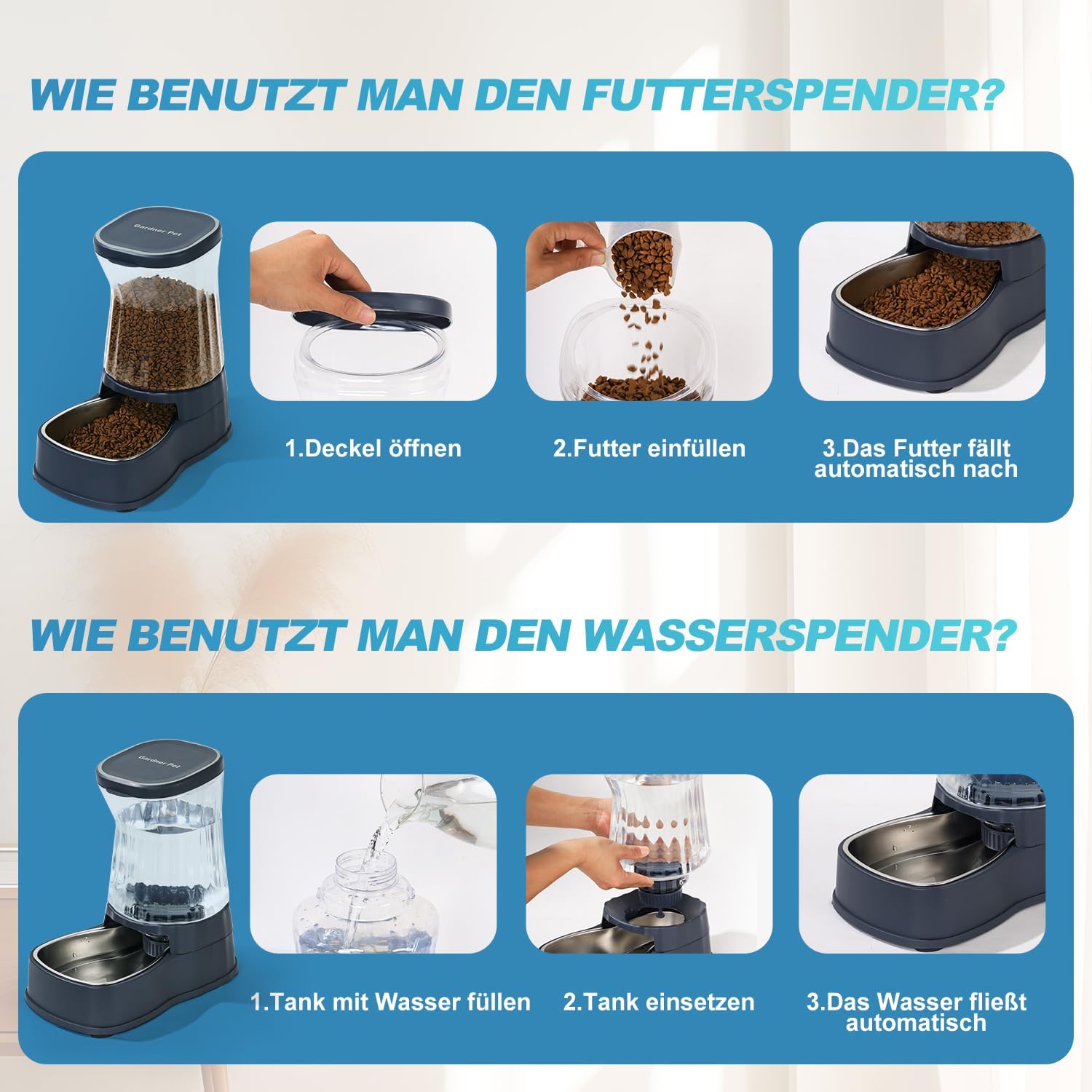 Detalle de Gardner Pet Futter- und Wasserspender Satz: Edelstahl-Näpfe, 3,85 L Wasser, 1,8 kg Futter, BPA-frei