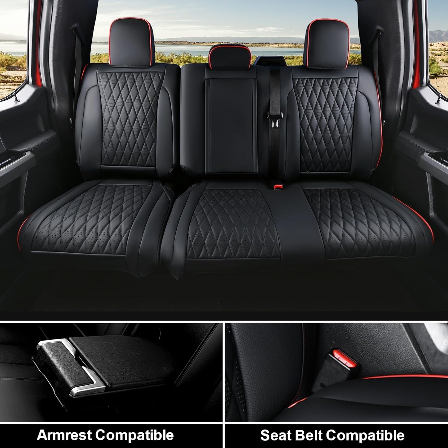 Detalle de Coverado Leather Seat Covers Full Set for Ford F-150 F-250 F-350 F-450 (Black) — Crew Cab Only, Waterproof, Heated/Cooled Compatible