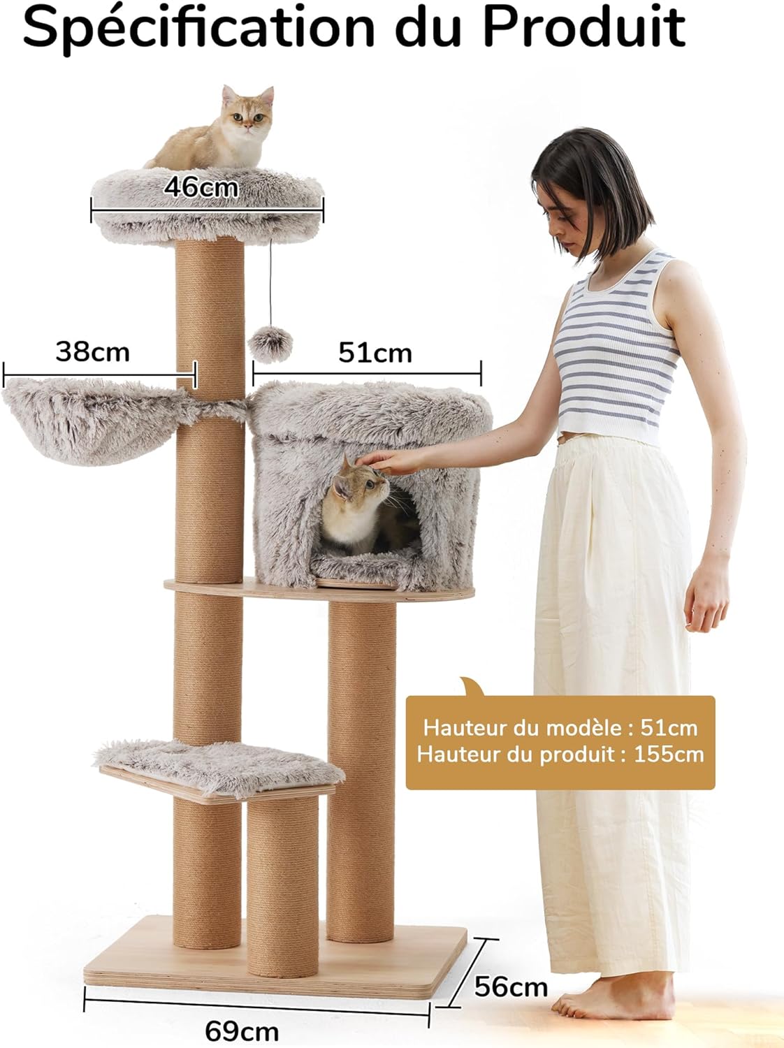 Thumbnail 1 de FUKUMARU Arbre à Chat 155 cm : tour d’intérieur multi-niveaux avec 6 griffoirs et hamac
