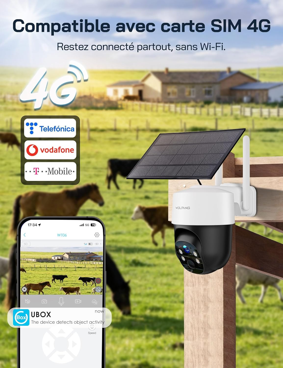 Thumbnail 4 de WOLFANG Camera Surveillance Extérieure sans Fil 4G solaire 2.5K avec carte SIM, vision nocturne et audio bidirectionnel