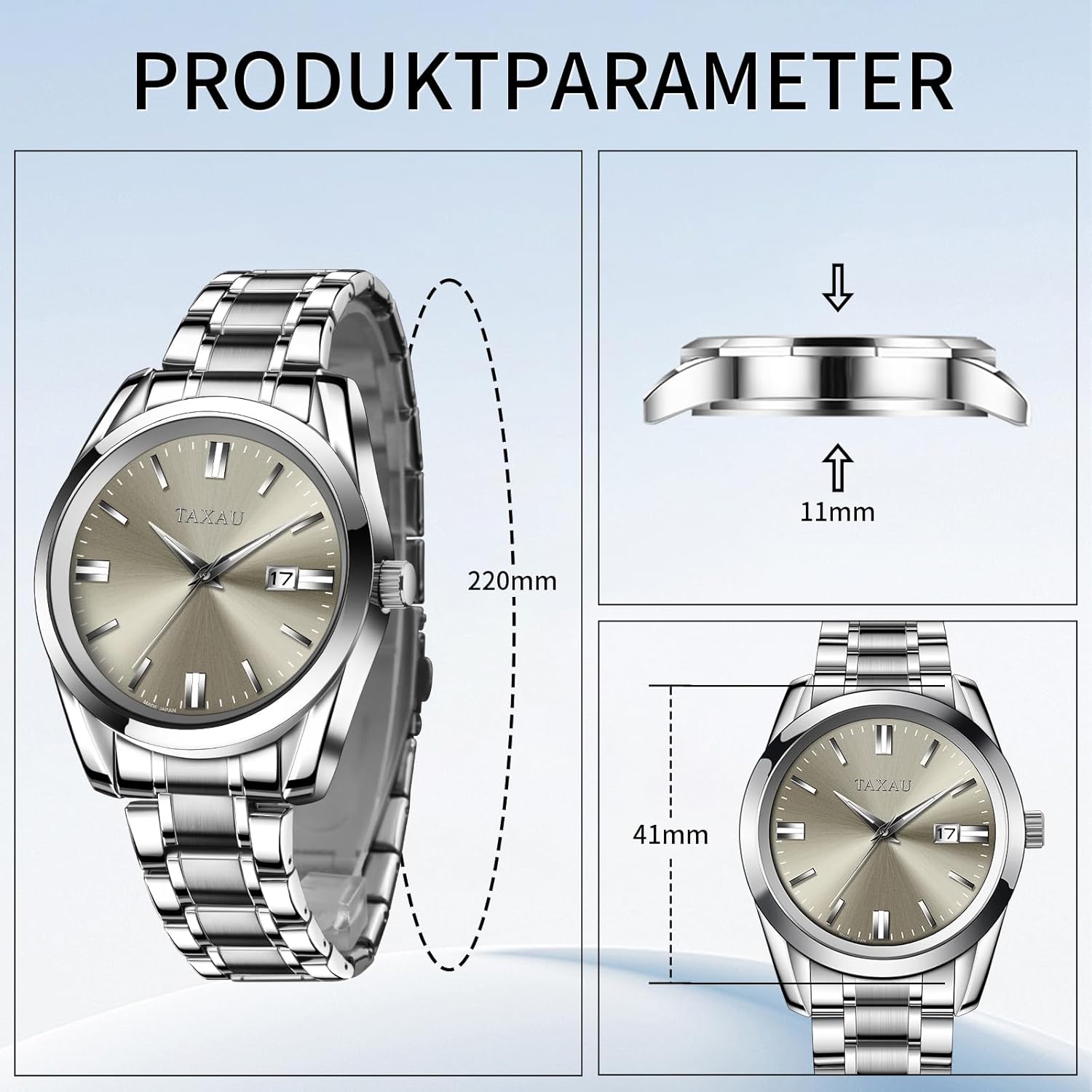 Detalle de Taxau Herren Edelstahl Chronograph Uhr – wasserdicht, Leuchtzeiger & Kalenderfunktion