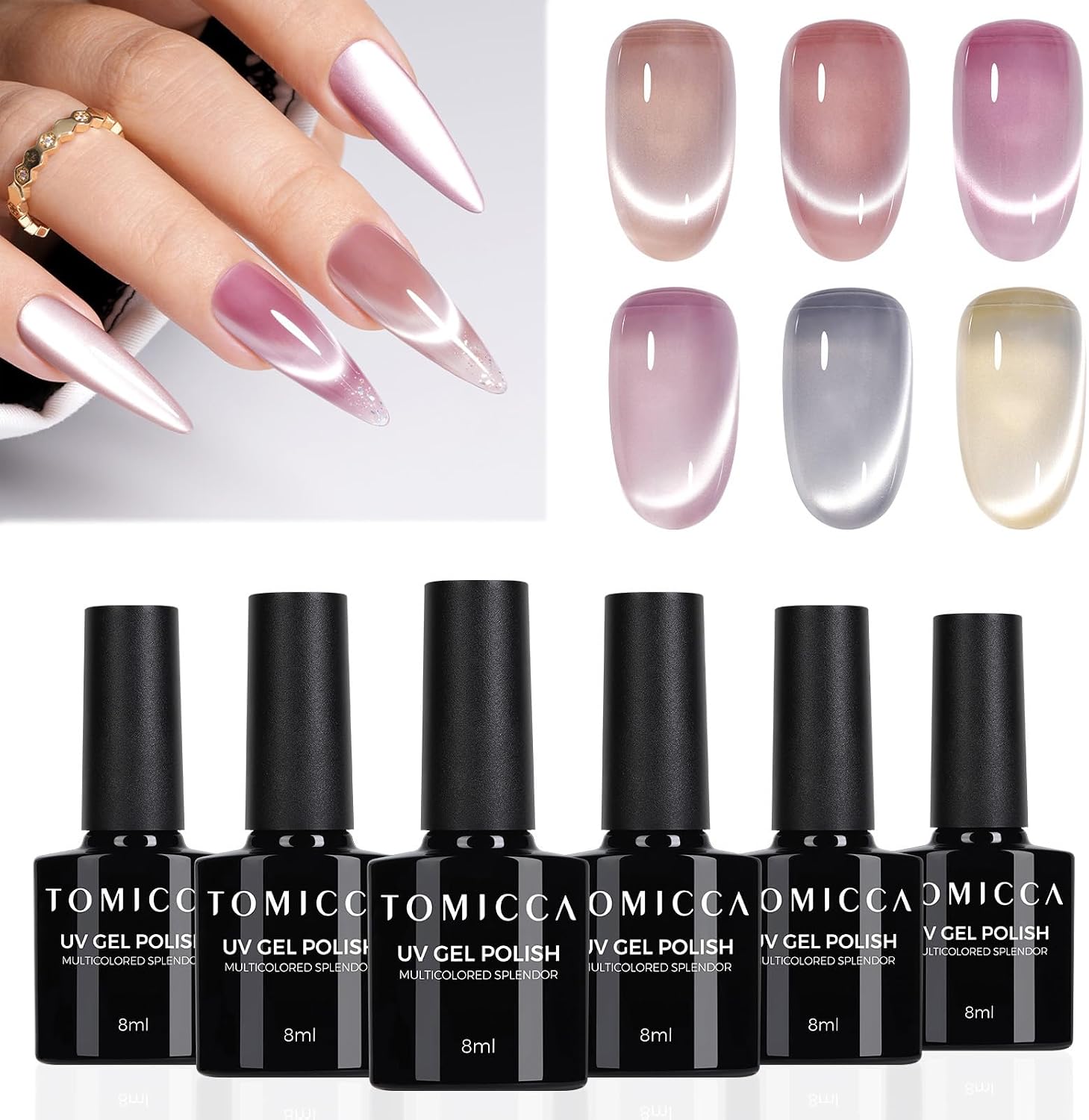 Detalle de TOMICCA Cat Eye Gel Nail Polish – Kit 6 couleurs scintillantes en vernis semi-permanent magnétique (8 ml)
