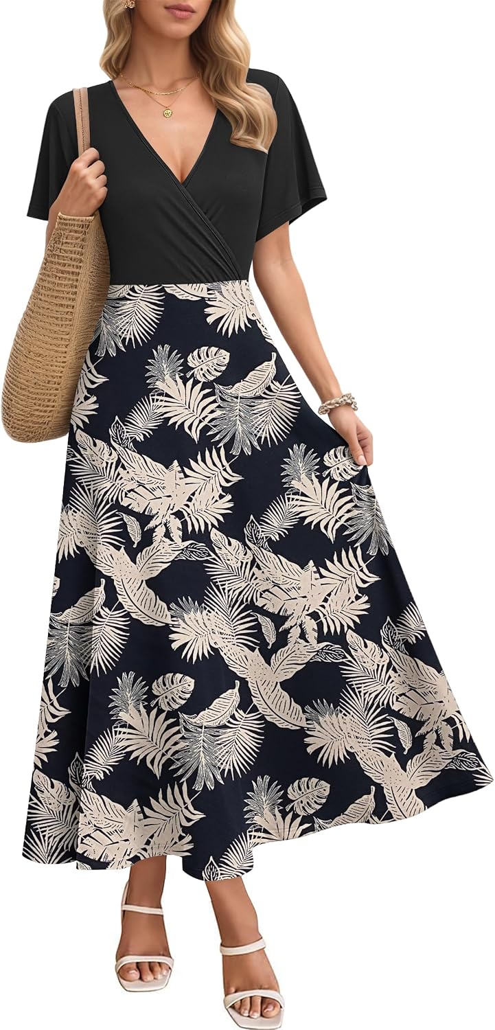 Detalle de AUSELILY Maxikleid Damen – Sommerliches, lockeres Maxi-Kleid mit V-Ausschnitt und Taschen