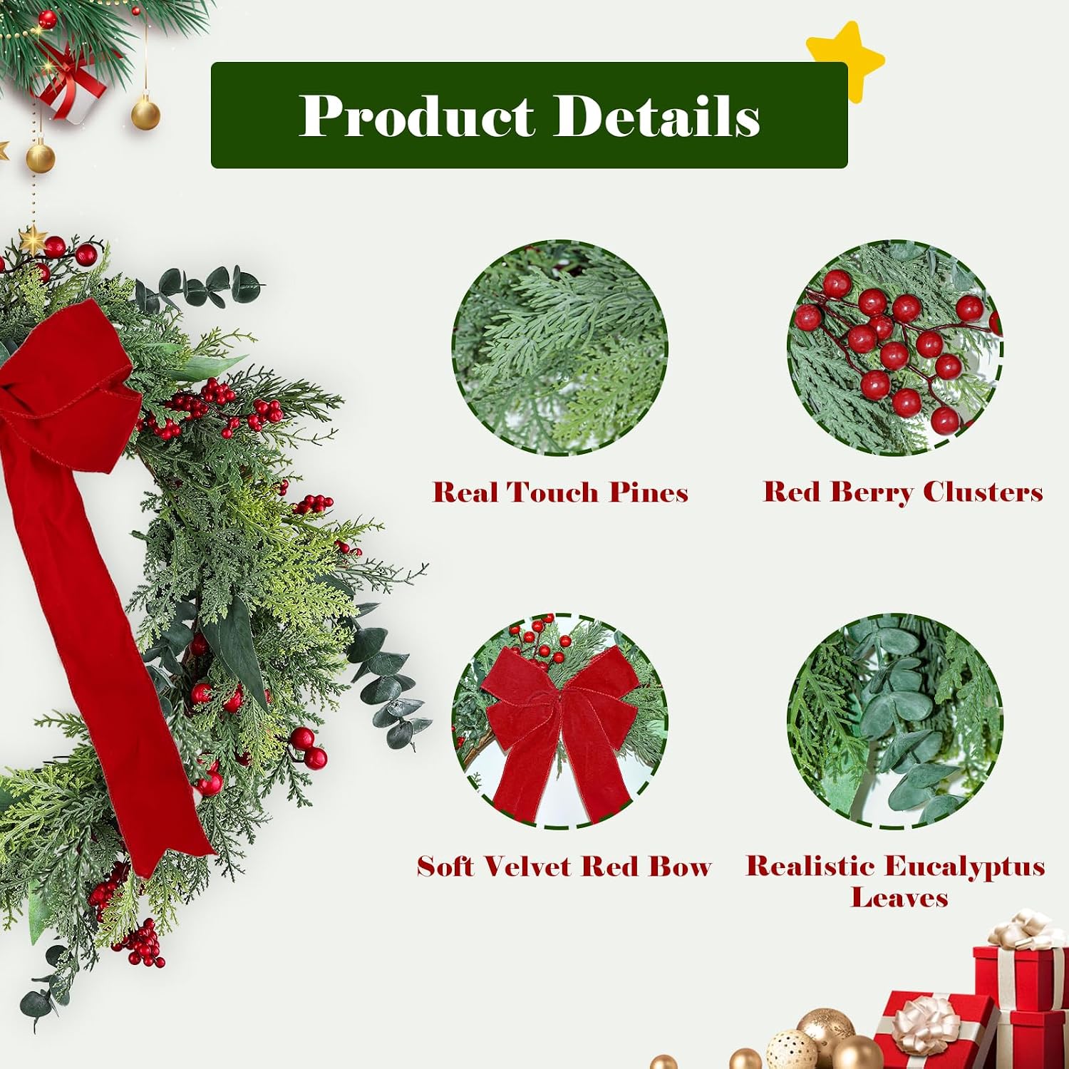Detalle de 60cm Artificial Christmas Wreath for Front Door with Eucalyptus Leaves, Red Berries & Velvet Bow