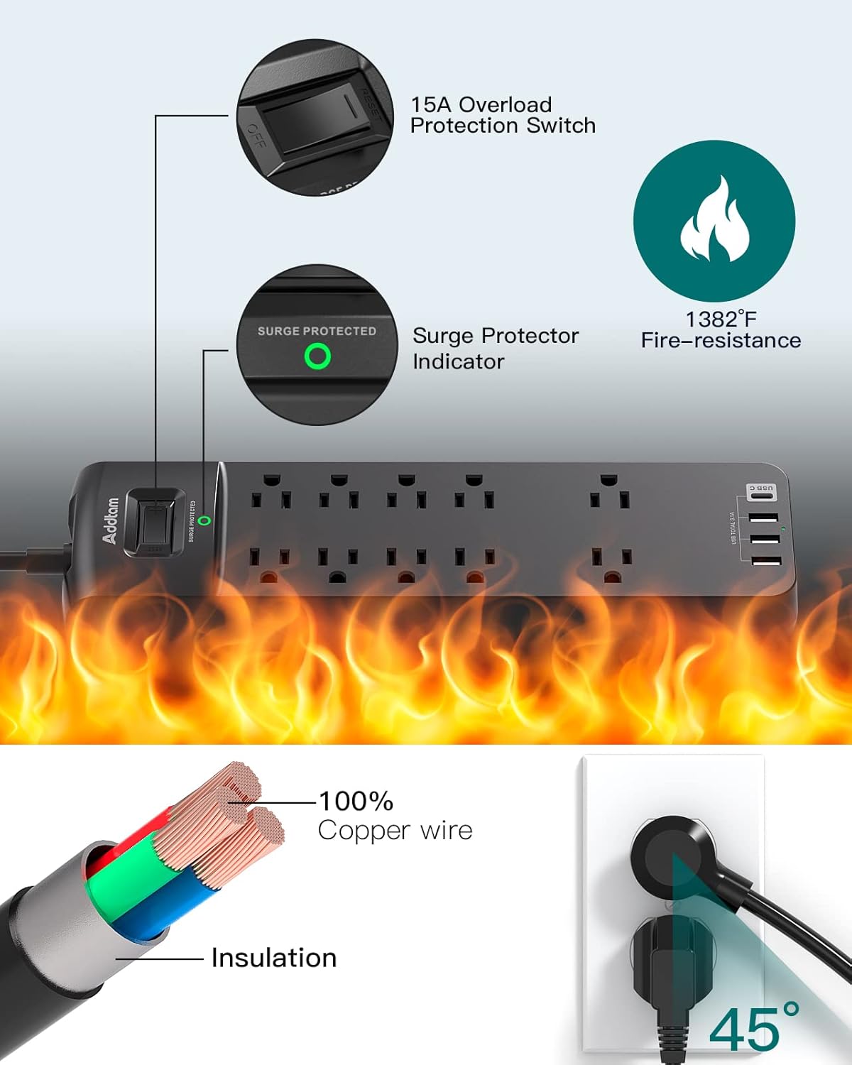Thumbnail 5 de Addtam 10-Outlet Surge Protector 2700J 🔌