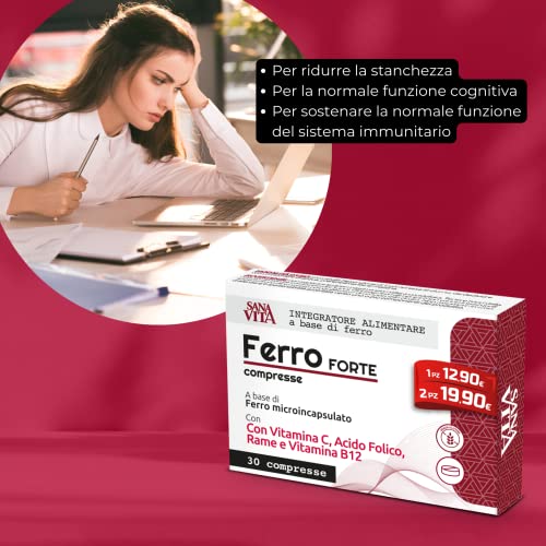 Detalle de Sanavita Ferro Forte Integratore Alimentare con Ferro ad Alto Dosaggio – Paladin Pharma, 30 compresse
