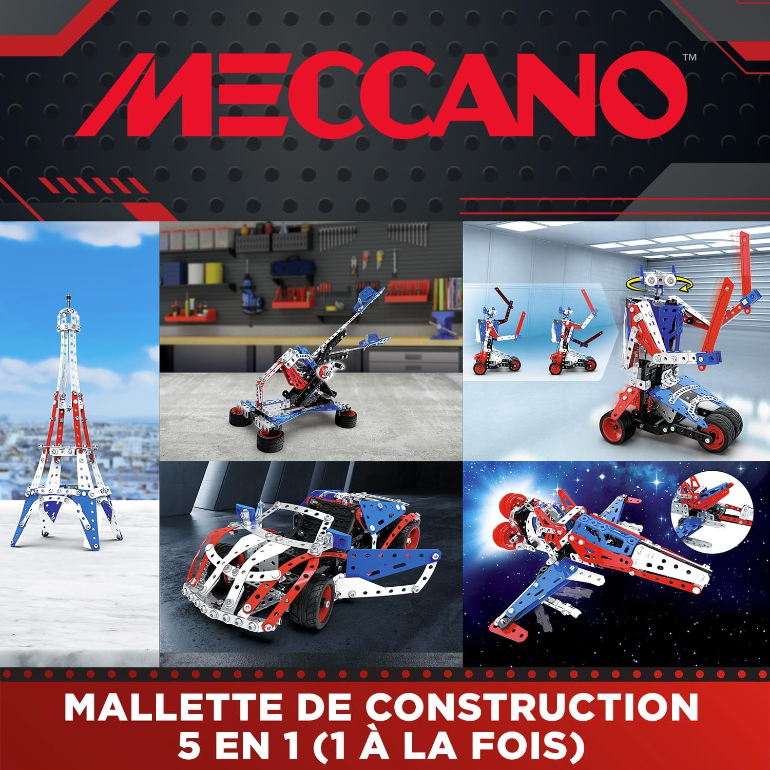 Detalle de BANDAI Meccano Mallette de Construction – Coffret 5 en 1 (437 pièces) pour véhicules, robot et Tour Eiffel