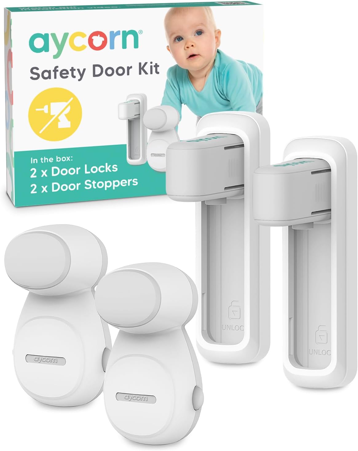 Detalle de AYCORN Door Lock Without Drilling Set – 2x Door Lever Locks & 2x Door Stoppers