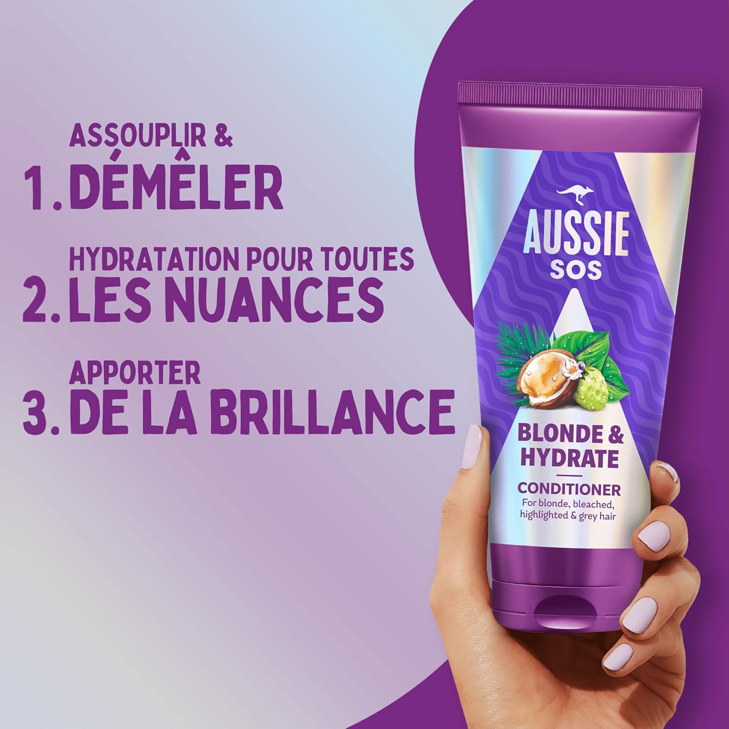 Detalle de Aussie SOS Blonde & Hydrate Après-Shampooing 350ml – Hydratation et Démêlage pour Cheveux Blonds, Décolorés ou Gris