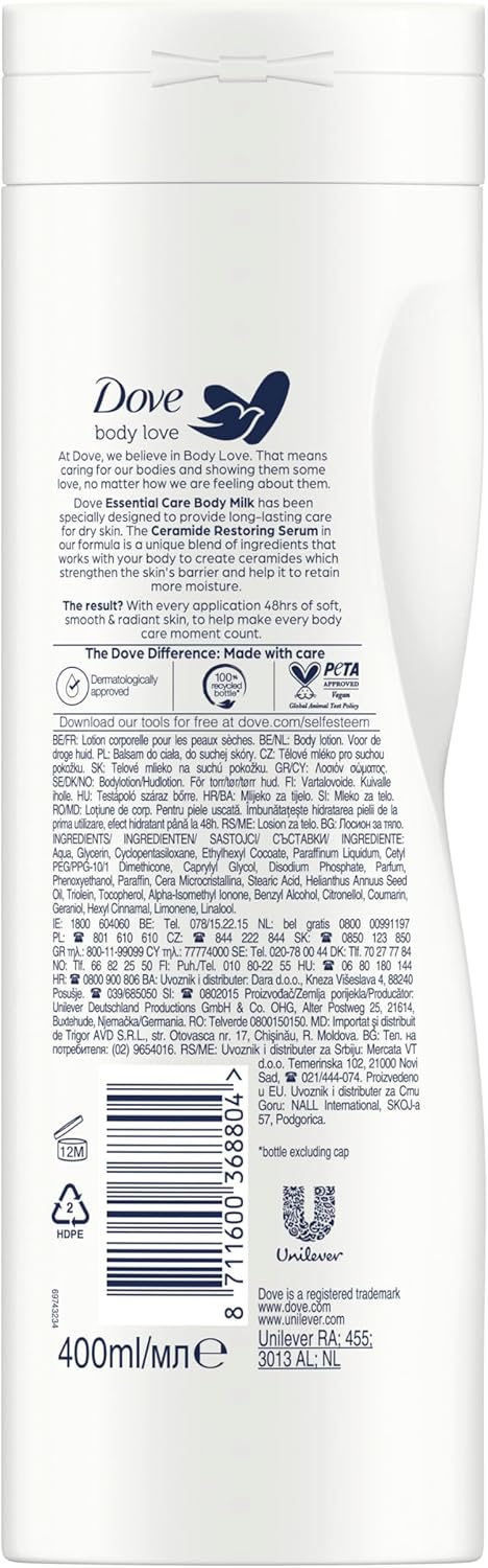 Thumbnail 2 de Dove Body Love Essential Care – lait corporel hydratant peaux sèches, 48 h, glycérine + sérum restaurateur de céramides (3 x 400 ml)