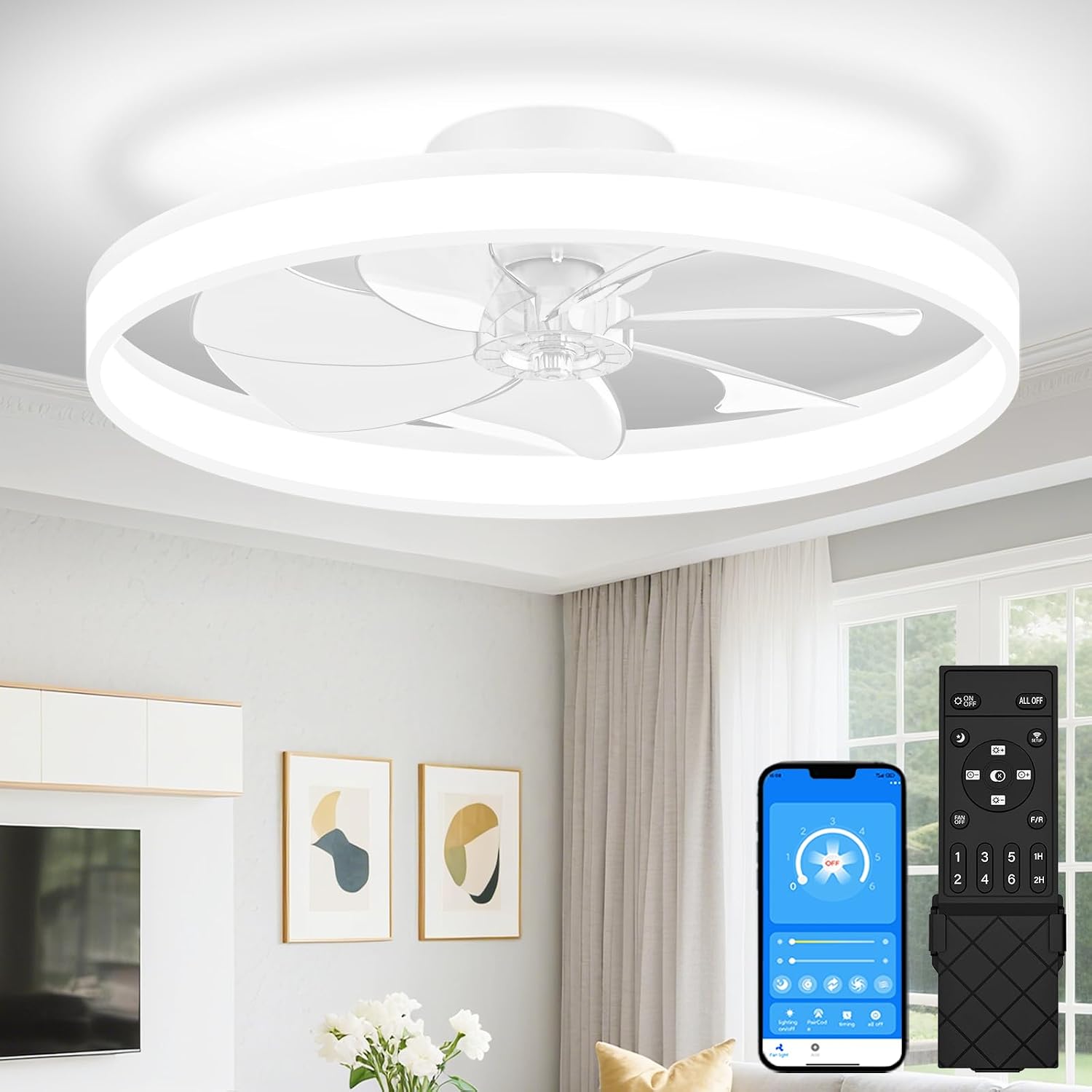 Detalle de VOLISUN 8225C-700 Low-Profile Ceiling Fan with Light, Remote, 6 Speeds