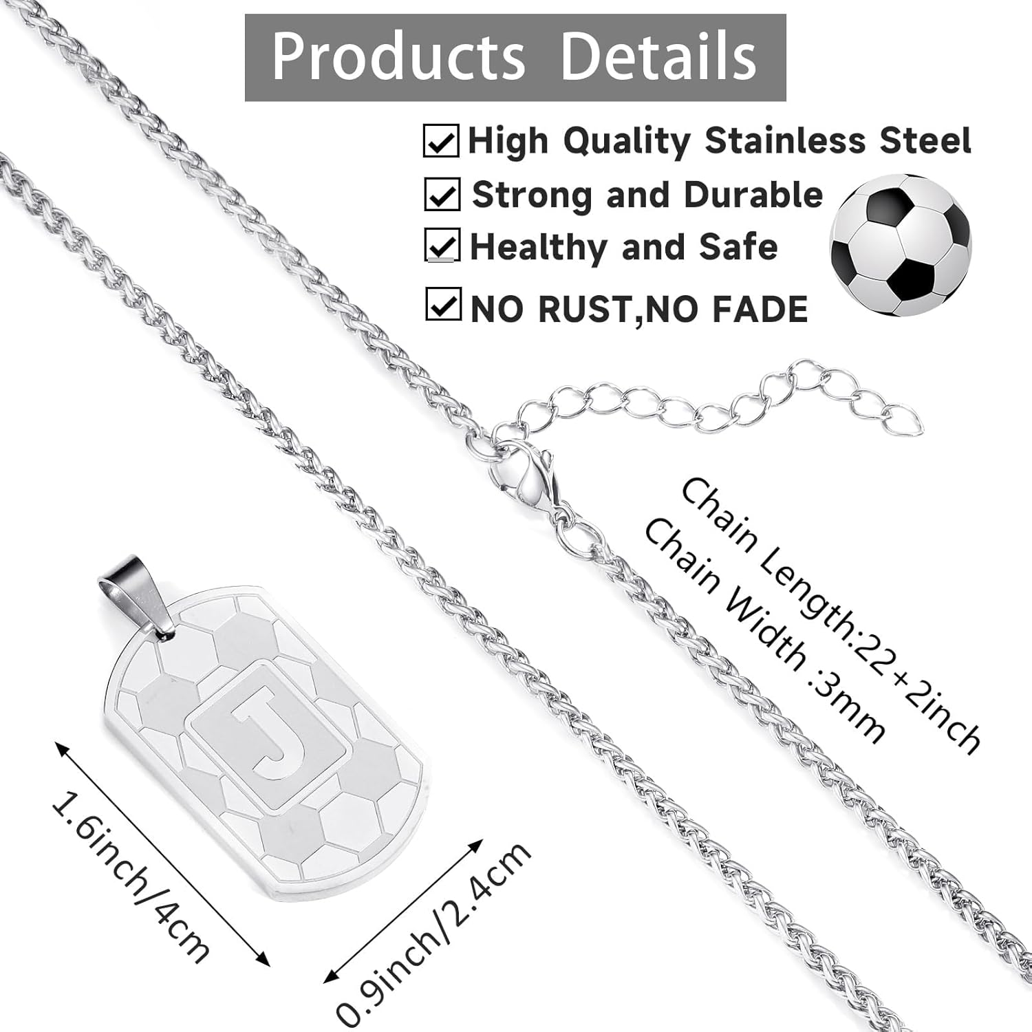 Detalle 2 de Miss Chipmunk Fußball Buchstaben Halskette A–Z aus Edelstahl – personalisierbares Dog Tag Schmuckstück für Herren