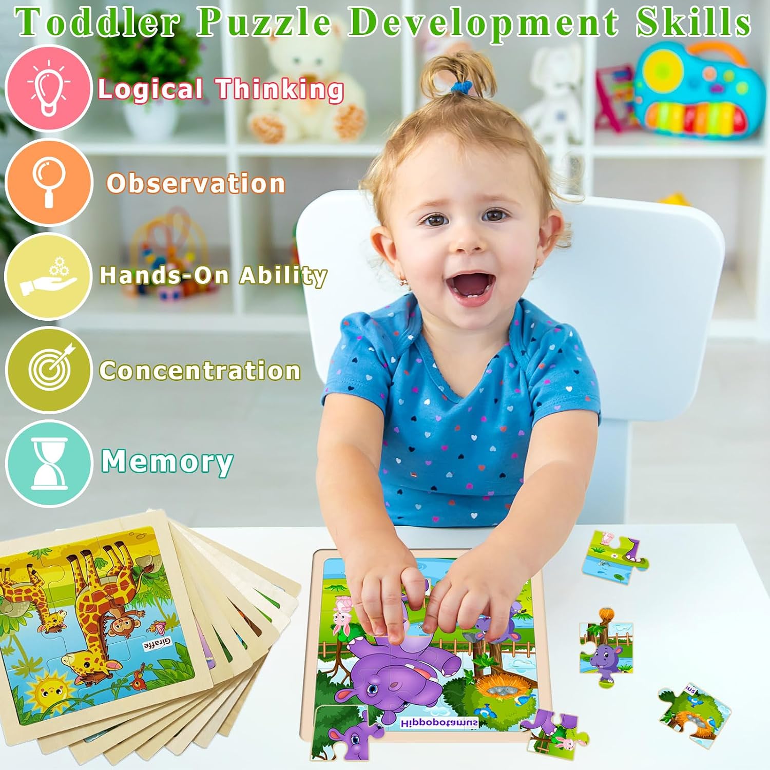 Detalle de WaaLod Wooden Animal Jigsaw Puzzles, 8-Pack of 9-Piece Preschool Puzzles
