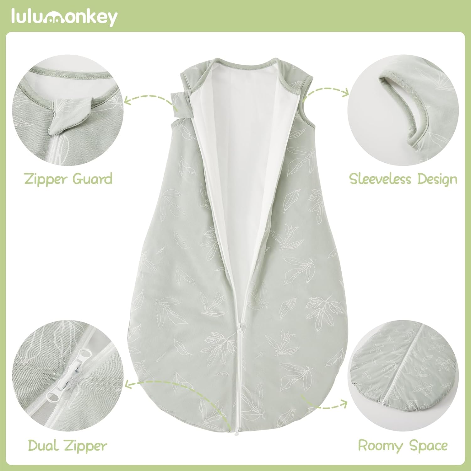 Thumbnail 3 de LULUMONKEY Baby Sleeping Bag 1.5 Tog 6-18 Months – 100% Cotton Leaves Sleep Sack