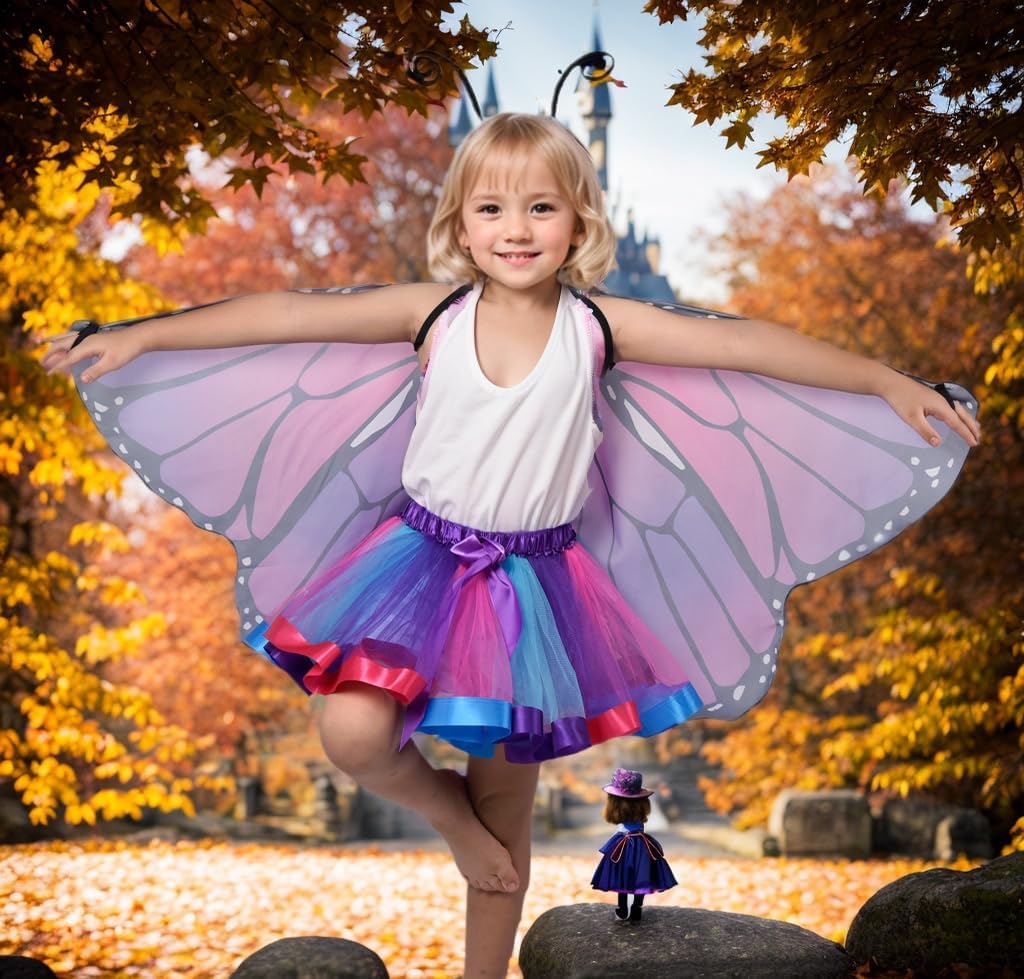 Detalle 2 de Aimeiar Butterfly Costume for Girls with Chiffon Wings and Rainbow Tutu