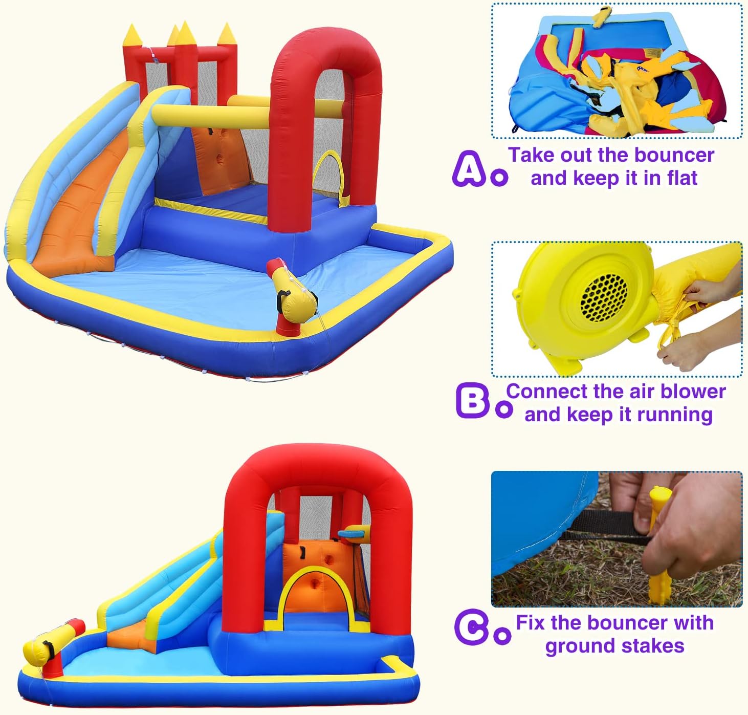 Thumbnail 4 de JOYLDIAS Inflatable Water Slide Bounce House with Splash Pool and 450W Blower