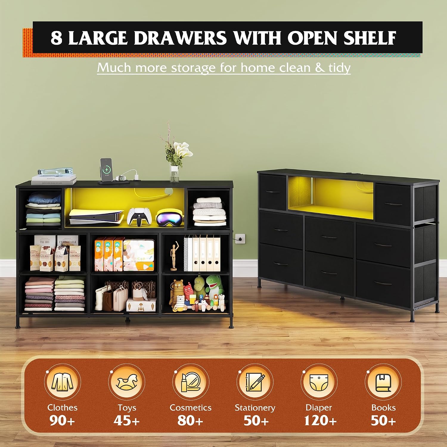 Detalle 2 de WLIVE ASNG200 LED Dresser TV Stand, 8 Fabric Drawers, Black