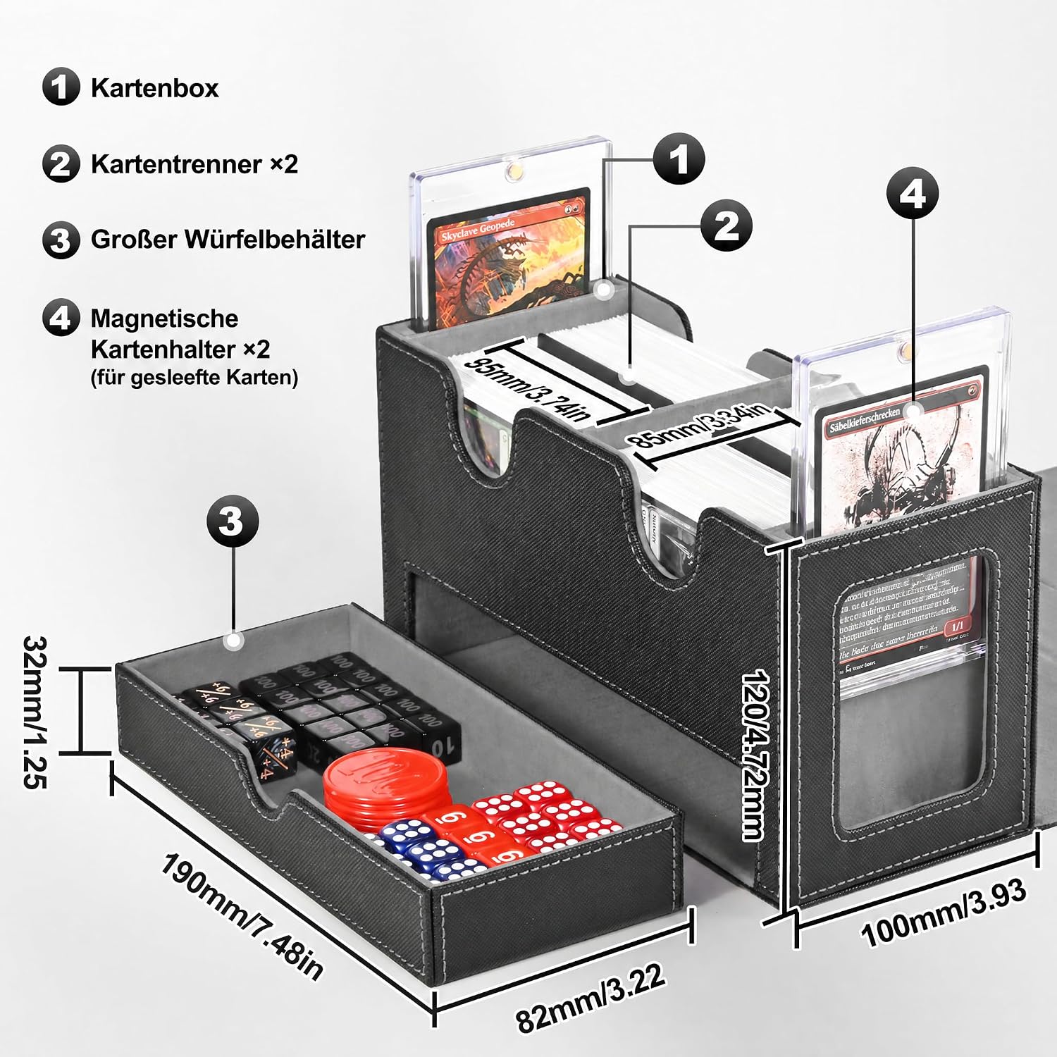 Detalle de UAONO MTG Deck Box mit 2 Commander Display und Würfelablage – Doppeldeck-Box für 250+ Karten