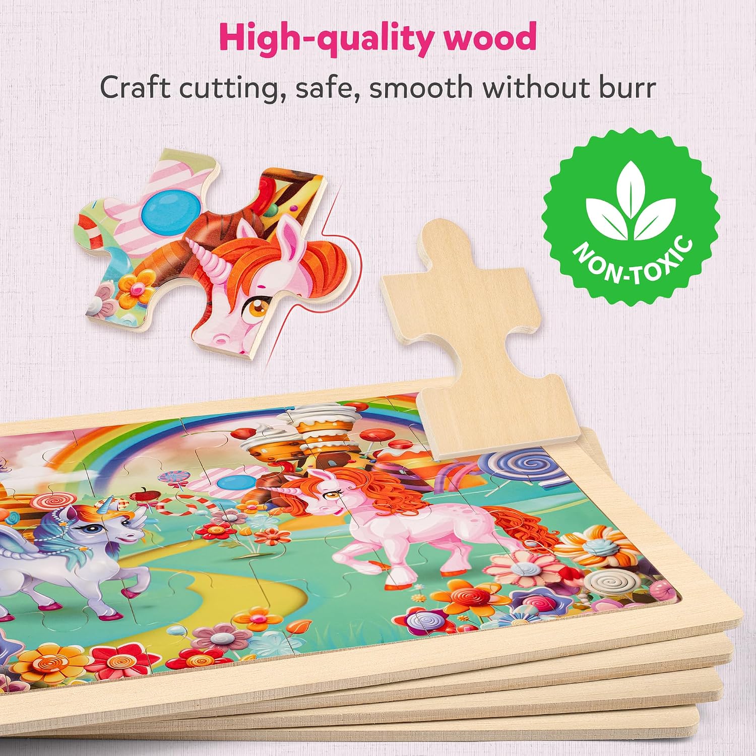 Detalle 2 de SYNARRY Unicorn Princess Fairy wooden jigsaw puzzle set (4 packs, 24 pieces) for ages 3–6