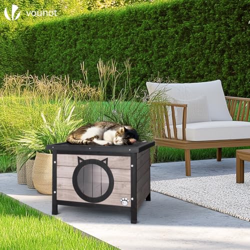 Thumbnail 1 de VOUNOT Casetta per Gatti in Legno con Porta Design Orecchie di Gatto, 57 x 45 x 43 cm, Grigio – Cuccia da Esterno con Porta e Tetto