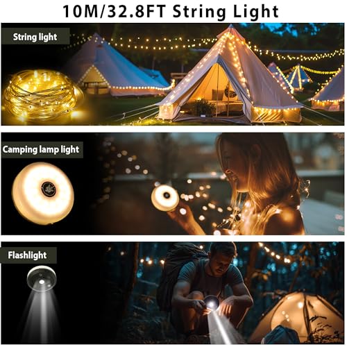 Detalle de GCCATE Camping String Lights, 10M USB Rechargeable 3-in-1 Lantern with 8 Modes
