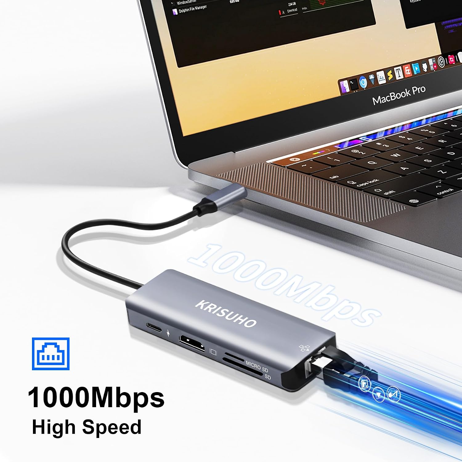 Detalle de KRISUHO USB-C Hub Multiport Adapter (8-in-1) with Ethernet, HDMI 4K and 100W PD