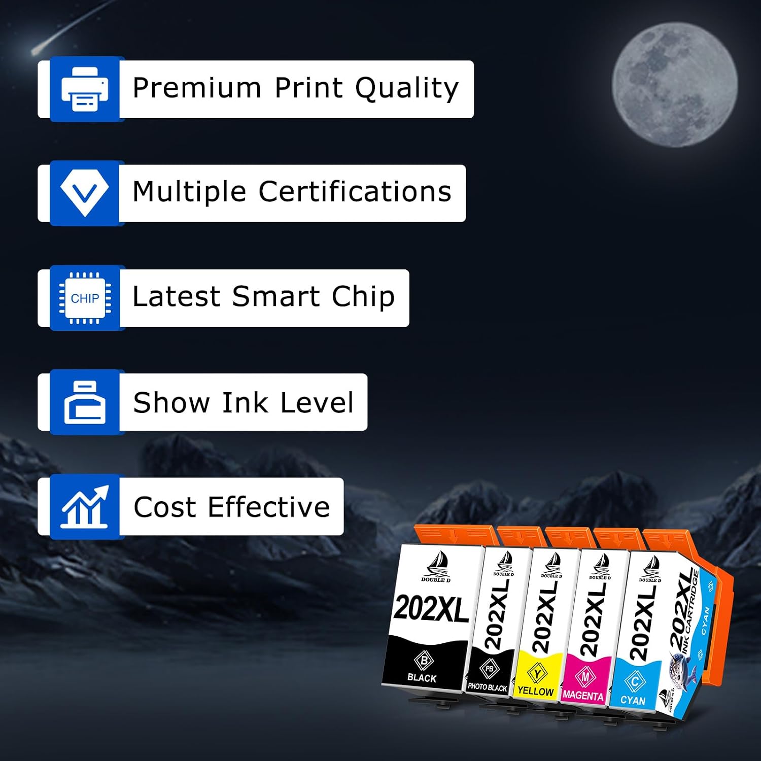 Detalle de DOUBLE D 202XL Ink Cartridges (1BK 1PBK 1C 1M 1Y) 5 Pack for Epson 202XL / Expression Premium XP printers
