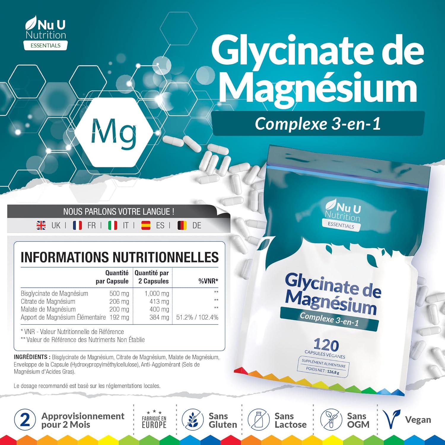 Thumbnail 1 de Nu U Nutrition Magnésium Glycinate 3-en-1 Complex 1813 mg - 120 capsules