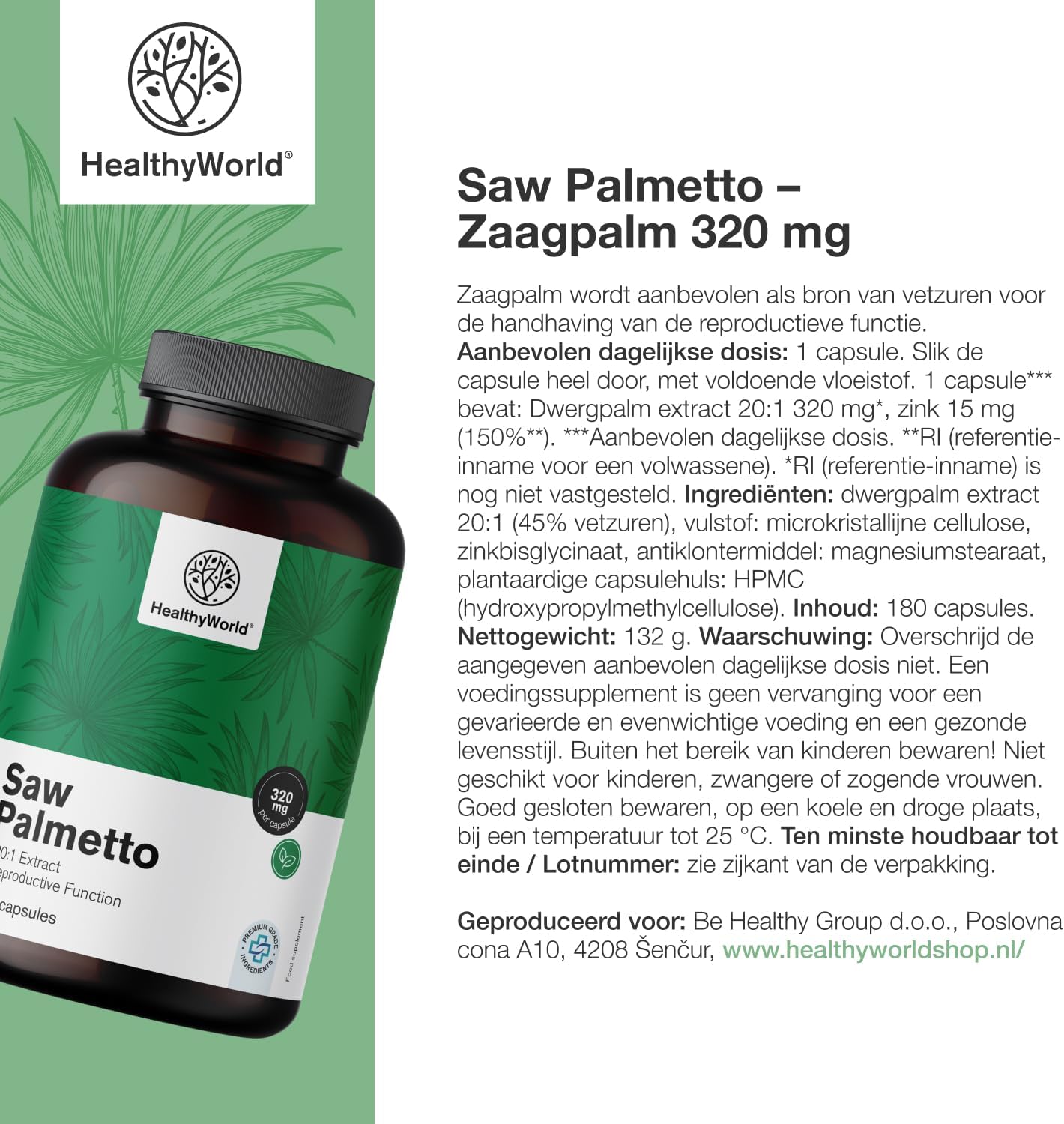 Detalle de HealthyWorld Saw Palmetto zaagpalmsupplement met zink, 20:1-extract, 180 capsules